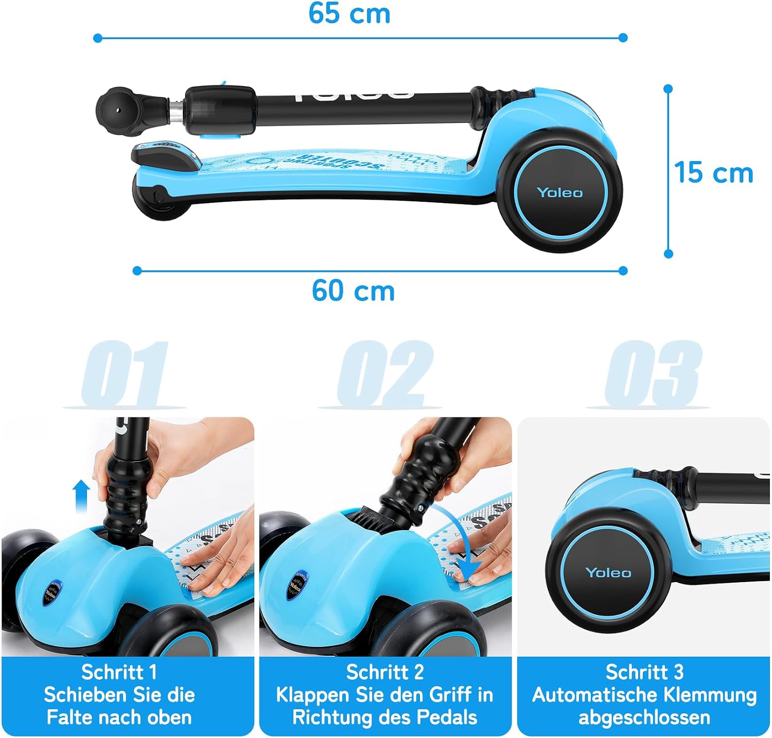 Detalle 2 de YOLEO Kinderoller Dreiradscooter mit leuchtenden PU-Rädern, verstellbarem Lenker und Faltmechanik – ab 3 Jahren