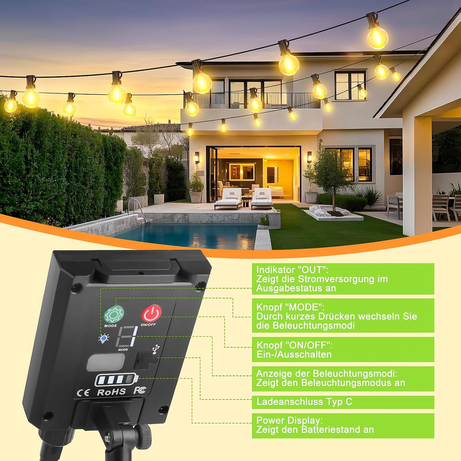 Detalle de FGRYB Solar Lichterkette Außen 15 m – 20+1 G40 LEDs, dimmbar, IP65 Solar + USB-C, 8 Modi