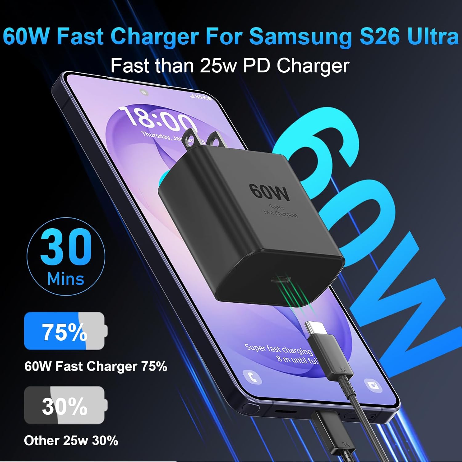 Detalle de 60W Super Fast Charger USB C with 10ft Cable for Samsung Galaxy S22-S26 Series