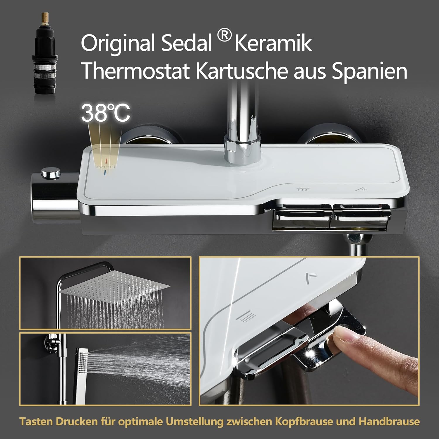 Detalle de Görbach Kit Doccia con termostatico in acciaio INOX 304 e soffione a pioggia cromato