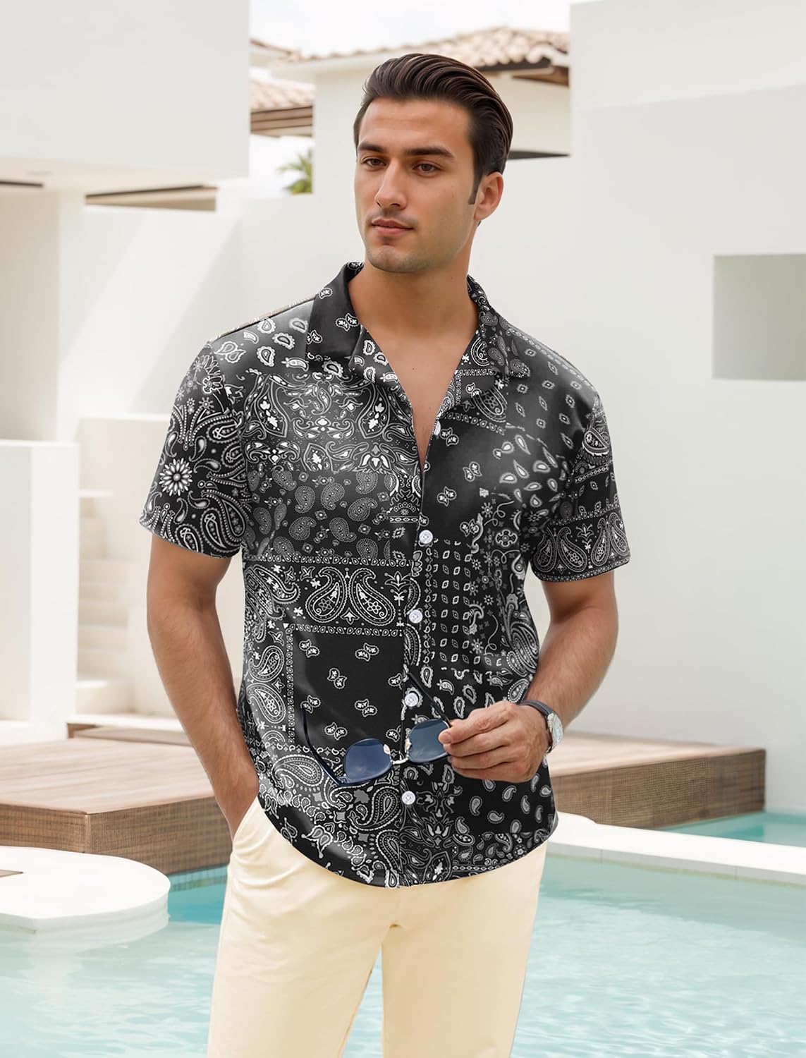 Detalle de Chemise hawaiienne homme Gavliuu à manches courtes imprimé tropical, tissu léger extensible