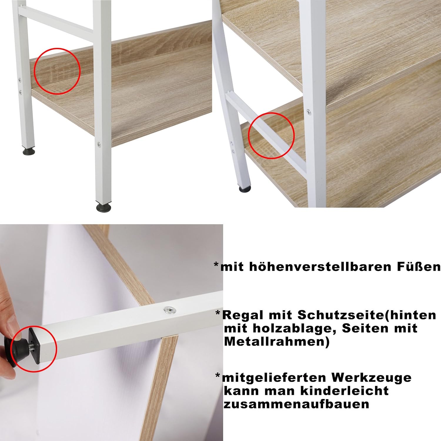 Detalle de WOLTU Standregal mit 4 Ablagen – Regal aus Holz und Metall, 60 x 27,5 x 126 cm, Weiß + Hell Eiche (RGB9304hei)