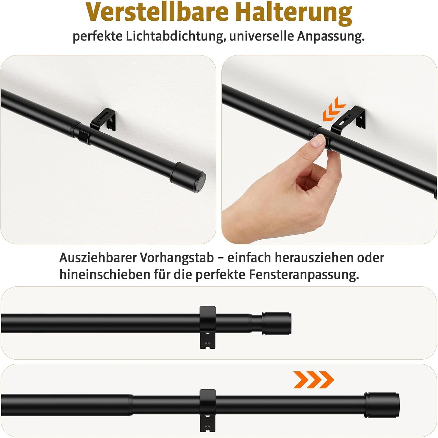 Detalle de PeSenp Gardinenstange Schwarz 76–325 cm, 25 mm Durchmesser – ausziehbar, rostbeständig, mattes Metallfinish