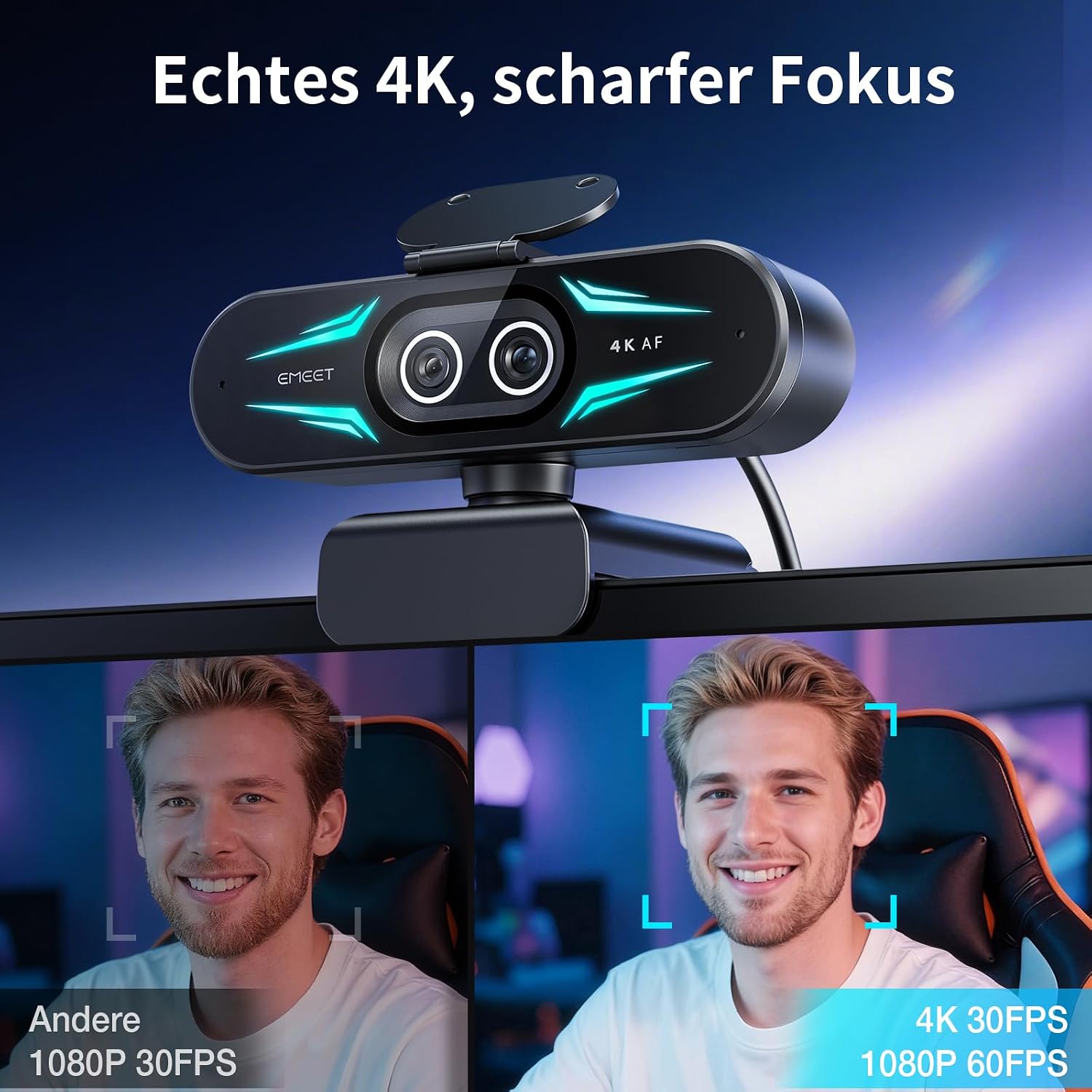 Detalle de EMEET C60E Dual-Kamera-4K-Webcam für Streaming – Ultra-HD mit Weitwinkel- und Telekameras, 11-fachem Hybridzoom und Fernbedienung