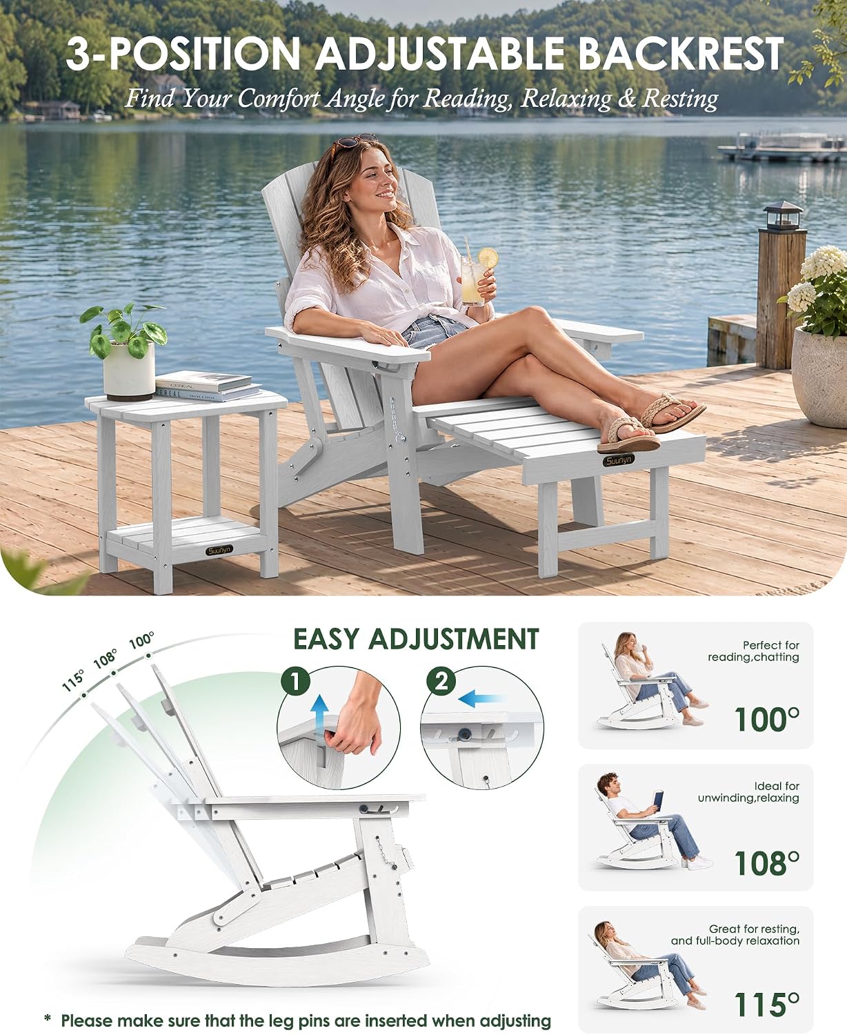 Detalle 2 de SUUNYN 4-in-1 Rocking Adirondack Chair with Footrest, White HDPE