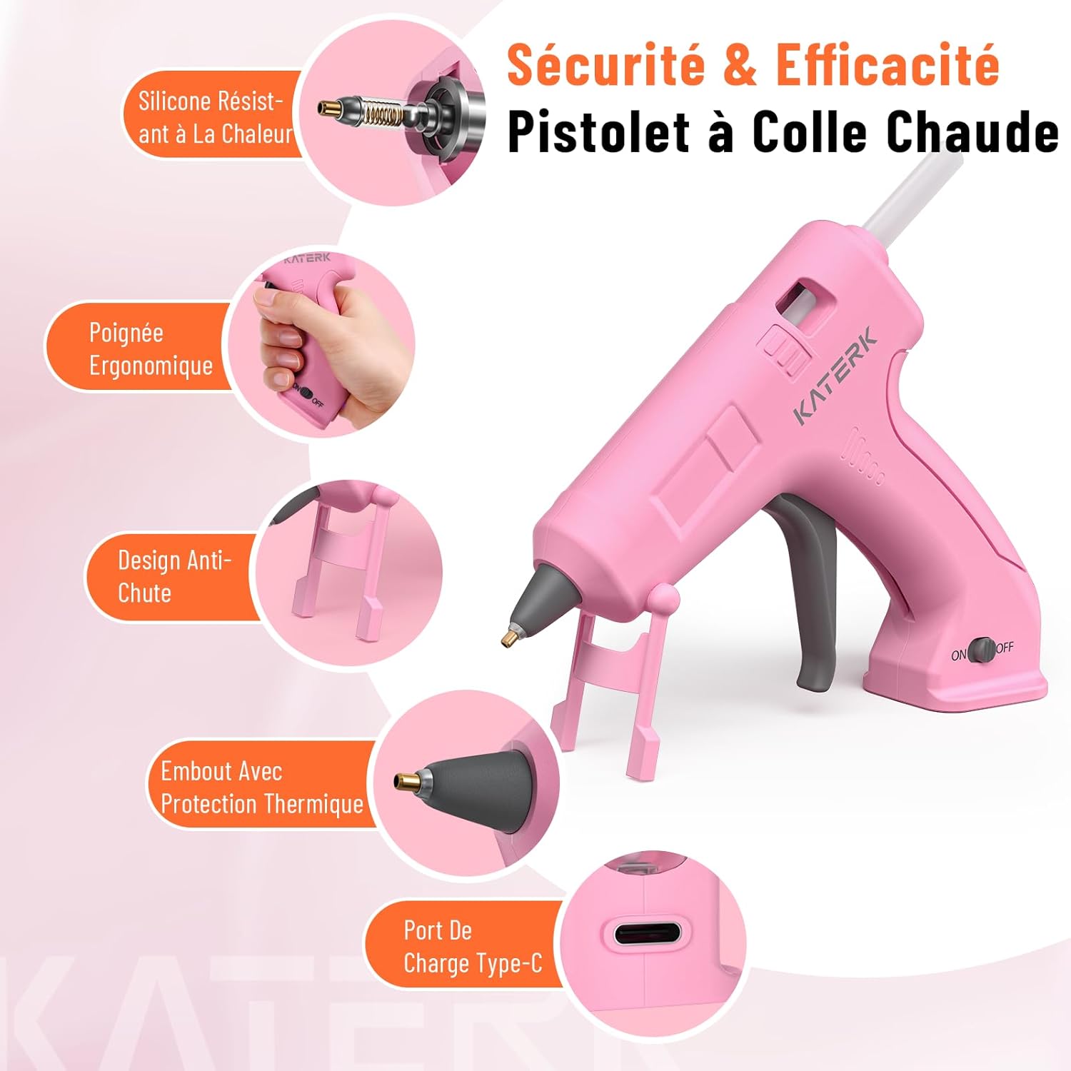 Thumbnail 3 de Pistolet à colle sans fil Katerk — 2000 mAh, chauffe rapide 90 s, 15x7 mm, rose