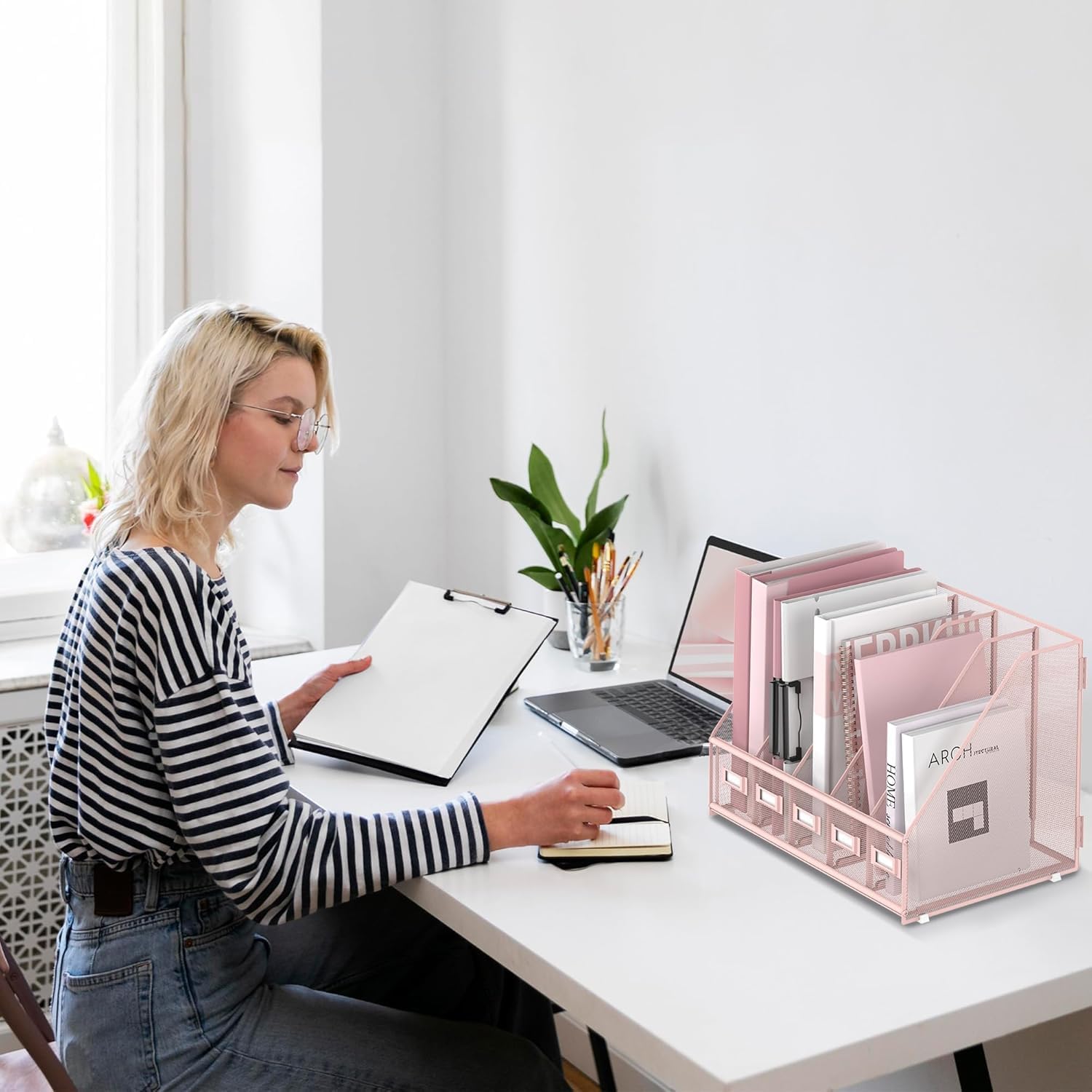 Thumbnail 4 de SUPTIDY Organiseur de bureau en métal avec 5 compartiments verticaux – rose