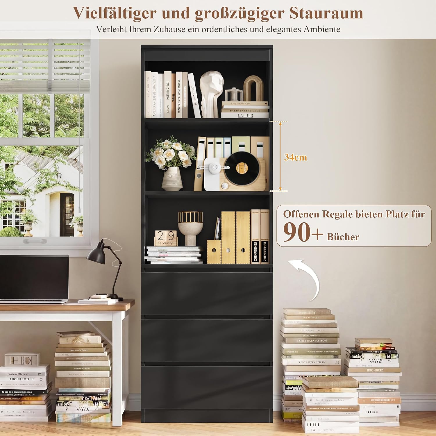 Detalle 1 de FirFurd P781 Tall Bookcase, 180 cm, with 3 Drawers and Open Shelves