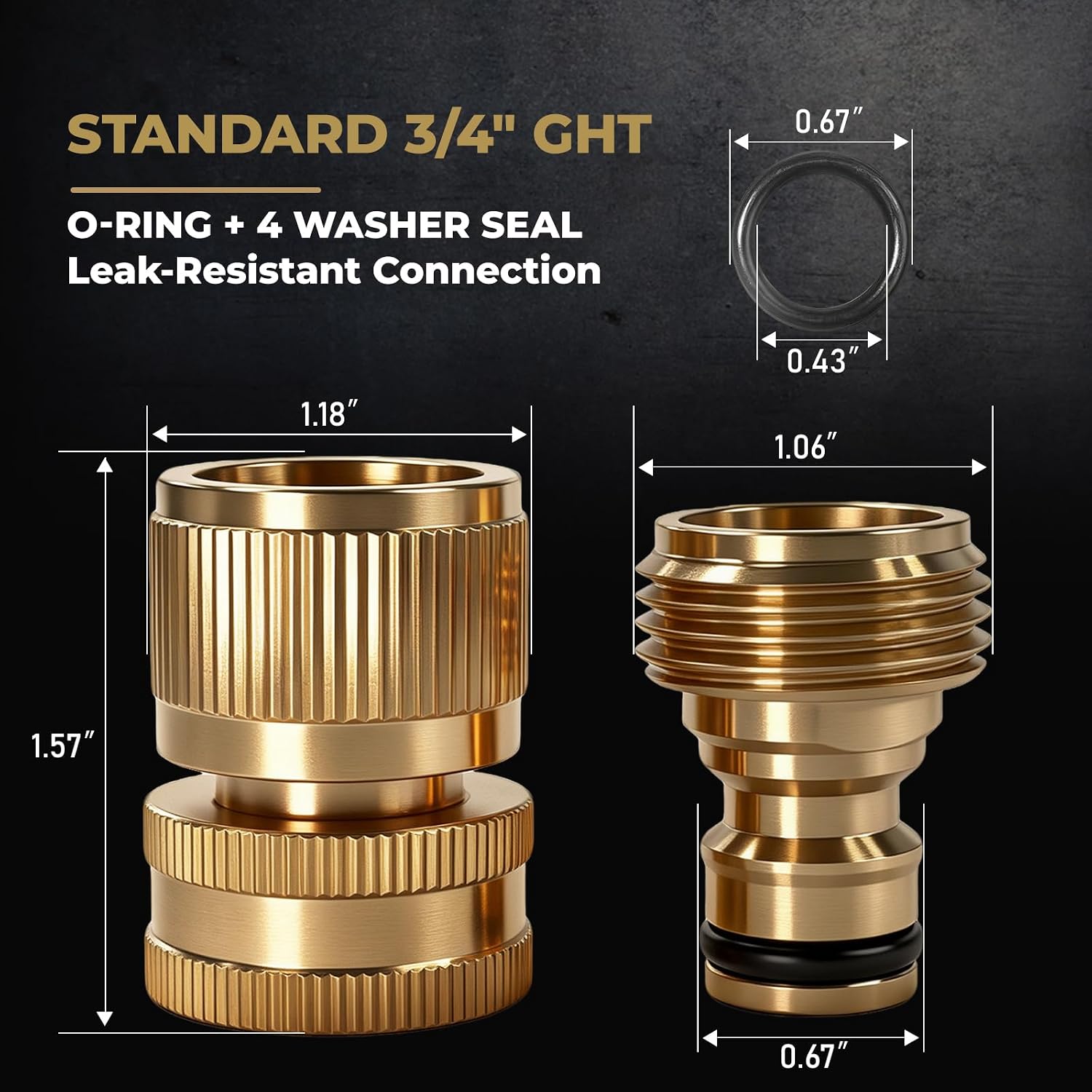 Detalle 1 de HQMPC Solid Brass 3/4" GHT Garden Hose Quick Connect Set (2 Sets, 2 Female + 2 Male)