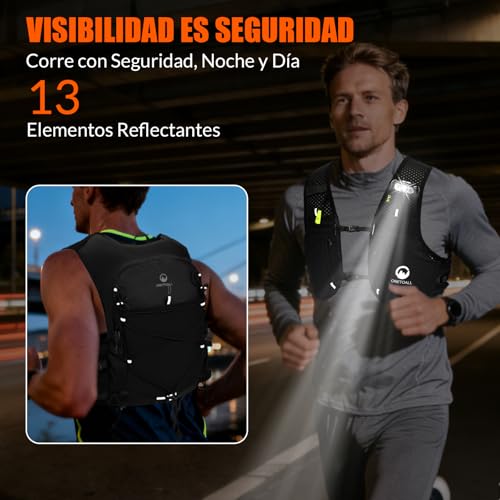 Detalle de ONETOALL Chaleco Running con Luz LED y 2 Botellas 500 ml – Hidratación y seguridad para trail