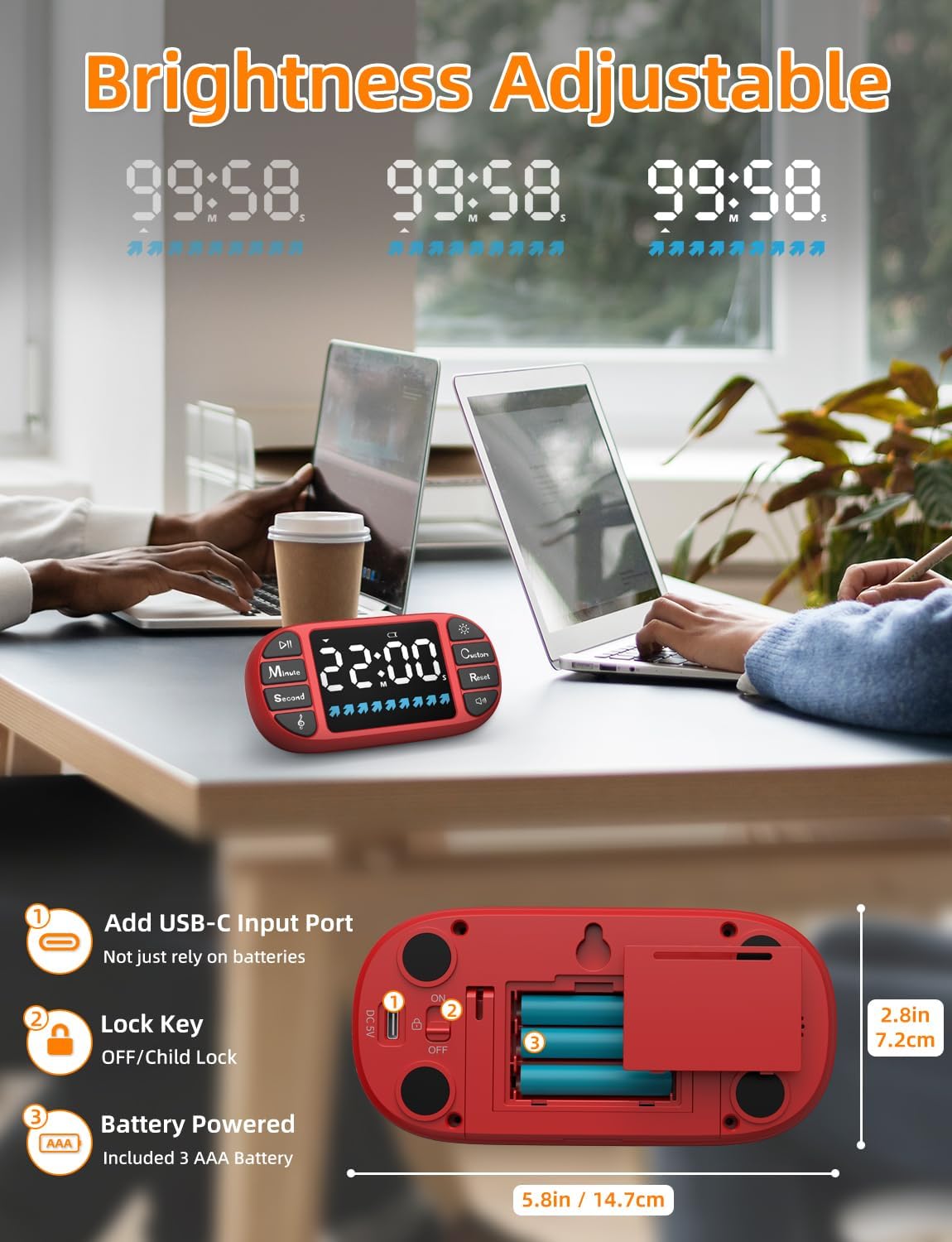 Detalle 2 de Digitaler Küchentimer Magnetisch – LED-Anzeige 3,6 Zoll, 4 Alarmtöne, 4 Lautstärken, Kindersicherung (Rot)