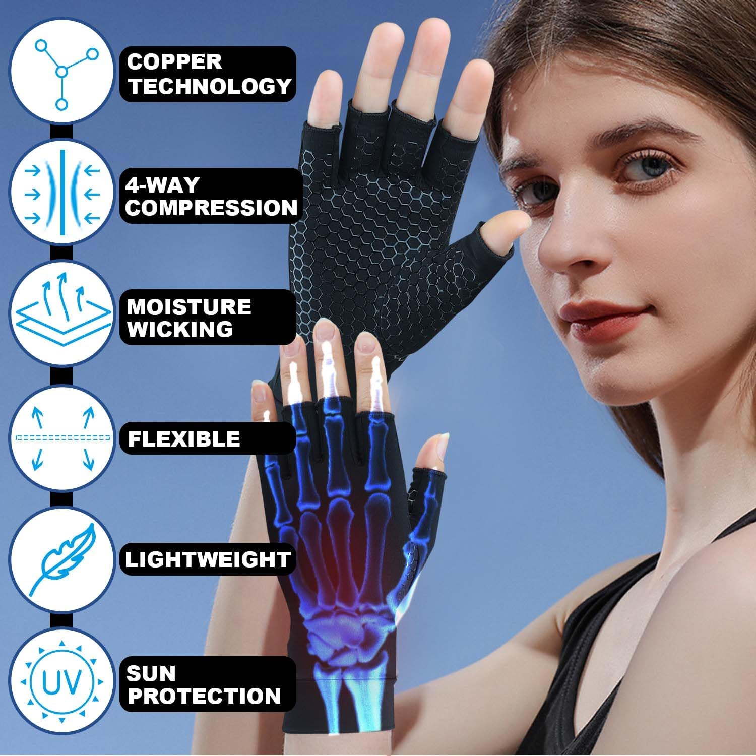 Detalle 2 de Gorbgle X-Large Copper-Infused Fingerless Compression Gloves, Black, 2 Pairs