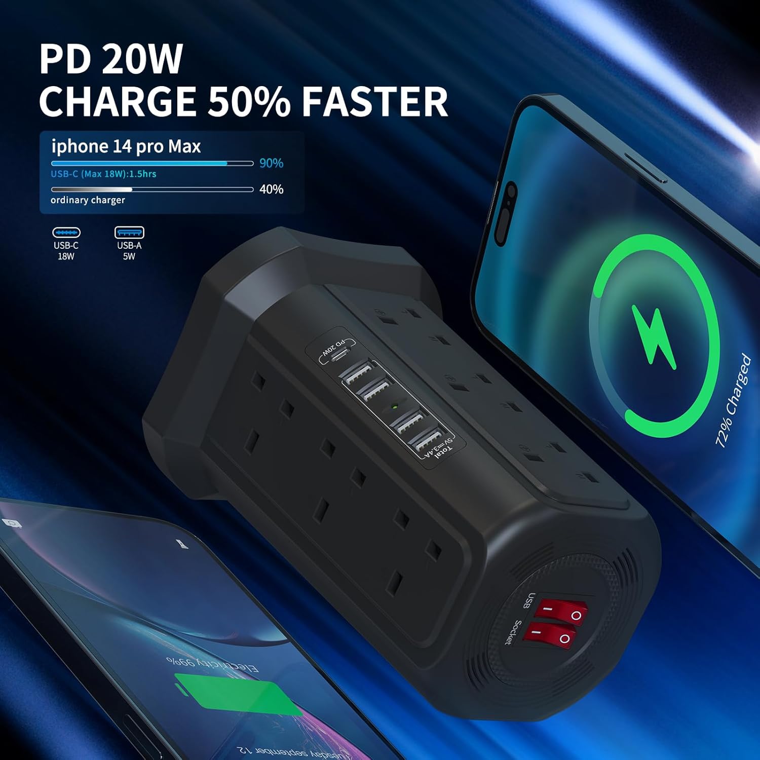 Detalle de Tower Extension Lead 5m with USB Slots and PD 20W Fast Charger (13A 3250W) – 12-Way Surge-Protected Tower, Black