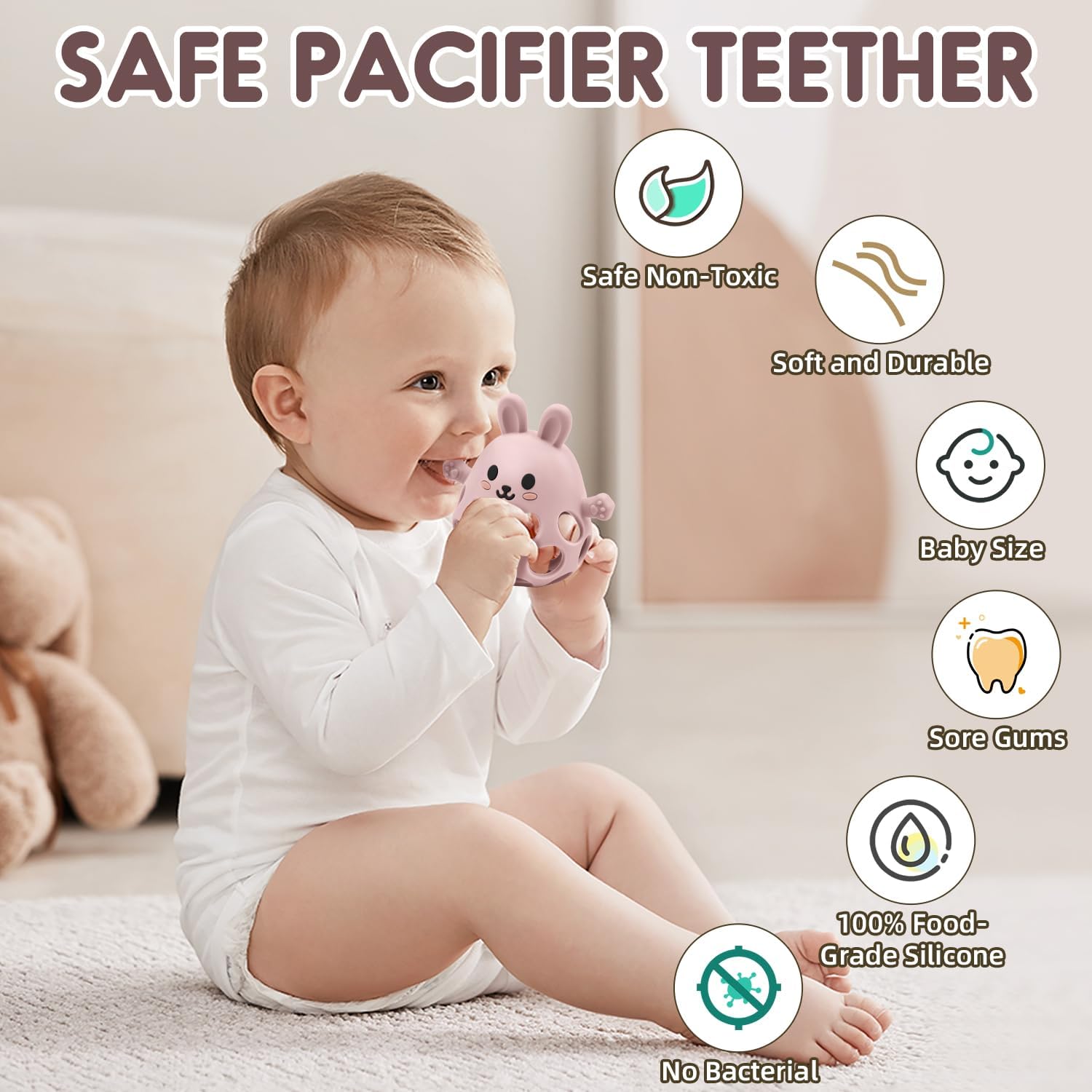 Detalle de Baby Sensory Teething Toy with Rattle for Newborn to 18 Months: Silicone Bunny Chew Toy