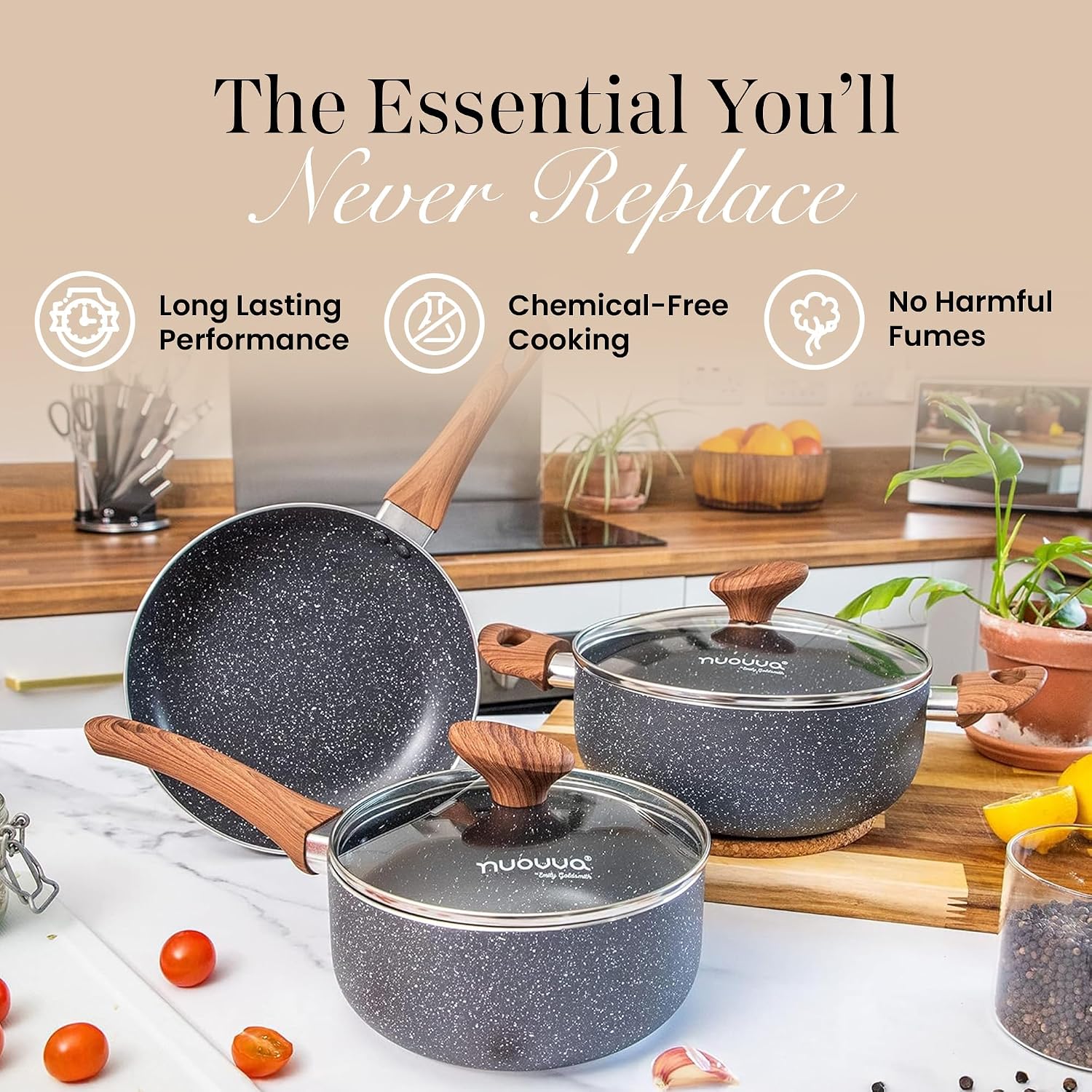 Detalle de Nuovva Non Stick Pots and Pans Set – 5 Piece Marble Induction Cookware with Lids