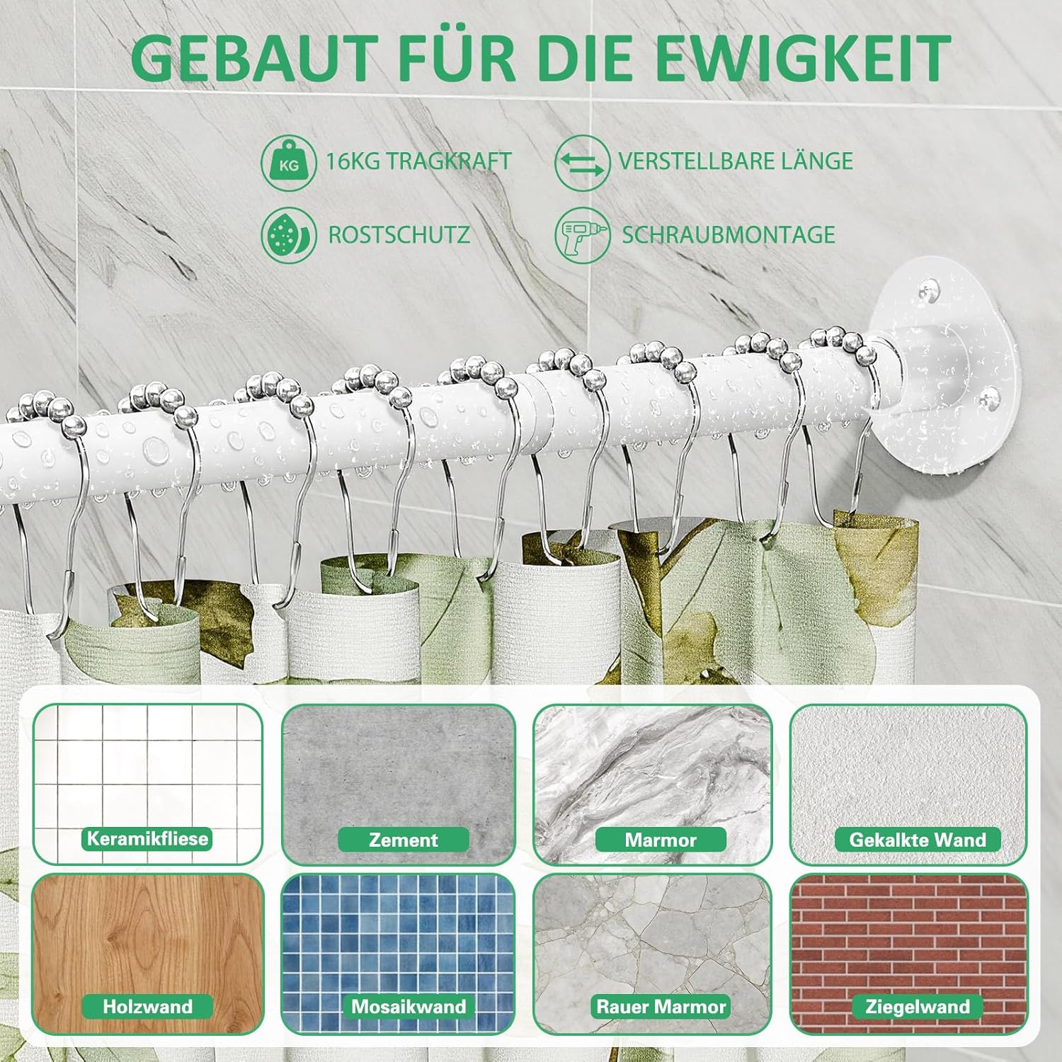 Thumbnail 4 de Duschvorhangstange U-Form & L-Form (60–93) × (77–197) × (60–93) cm mit 12 Ringen – weiß, mit Deckenstütze (bohren erforderlich)