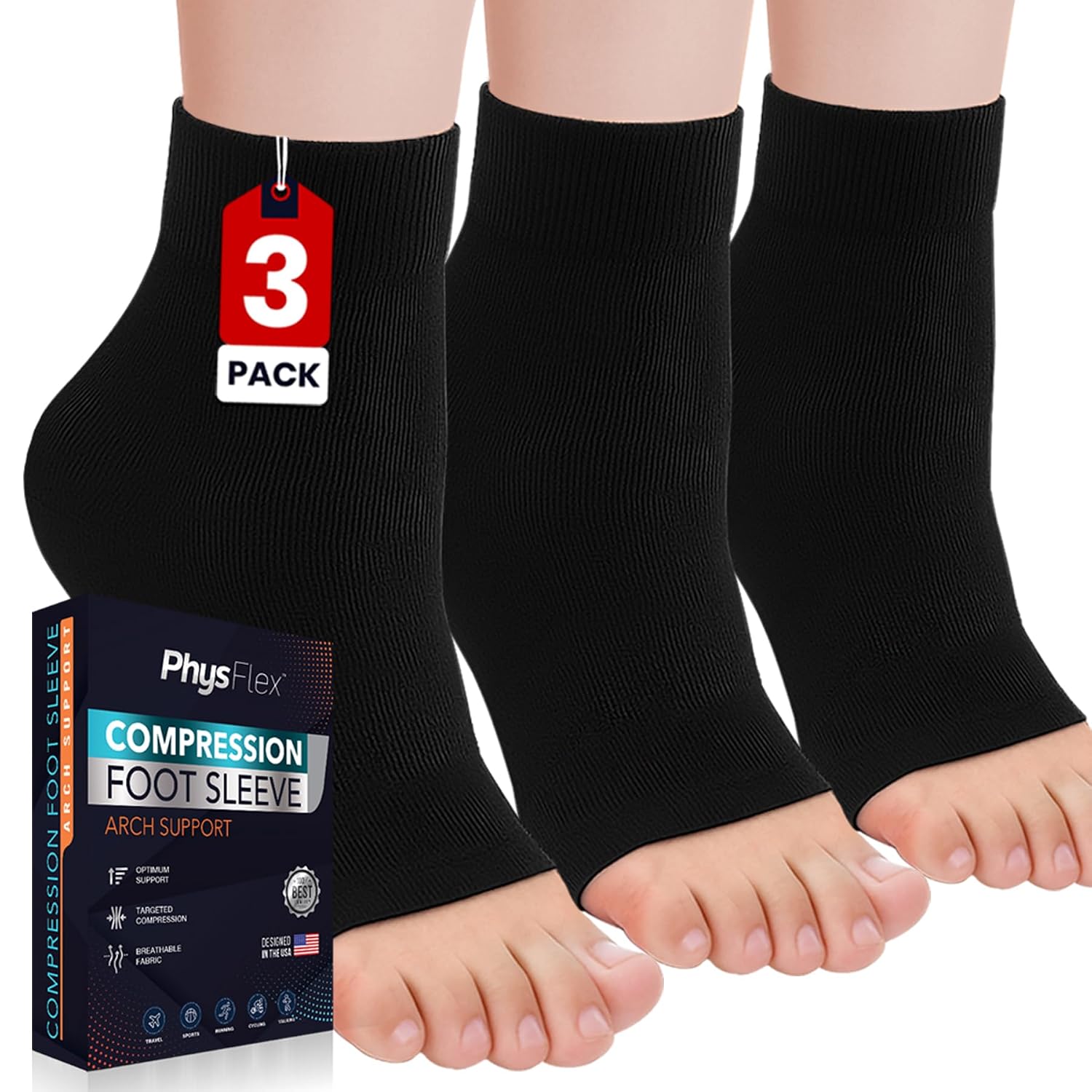 Detalle de PhysFlex Compression Socks, 3 Pairs, Black, 15–20 mmHg Arch Support