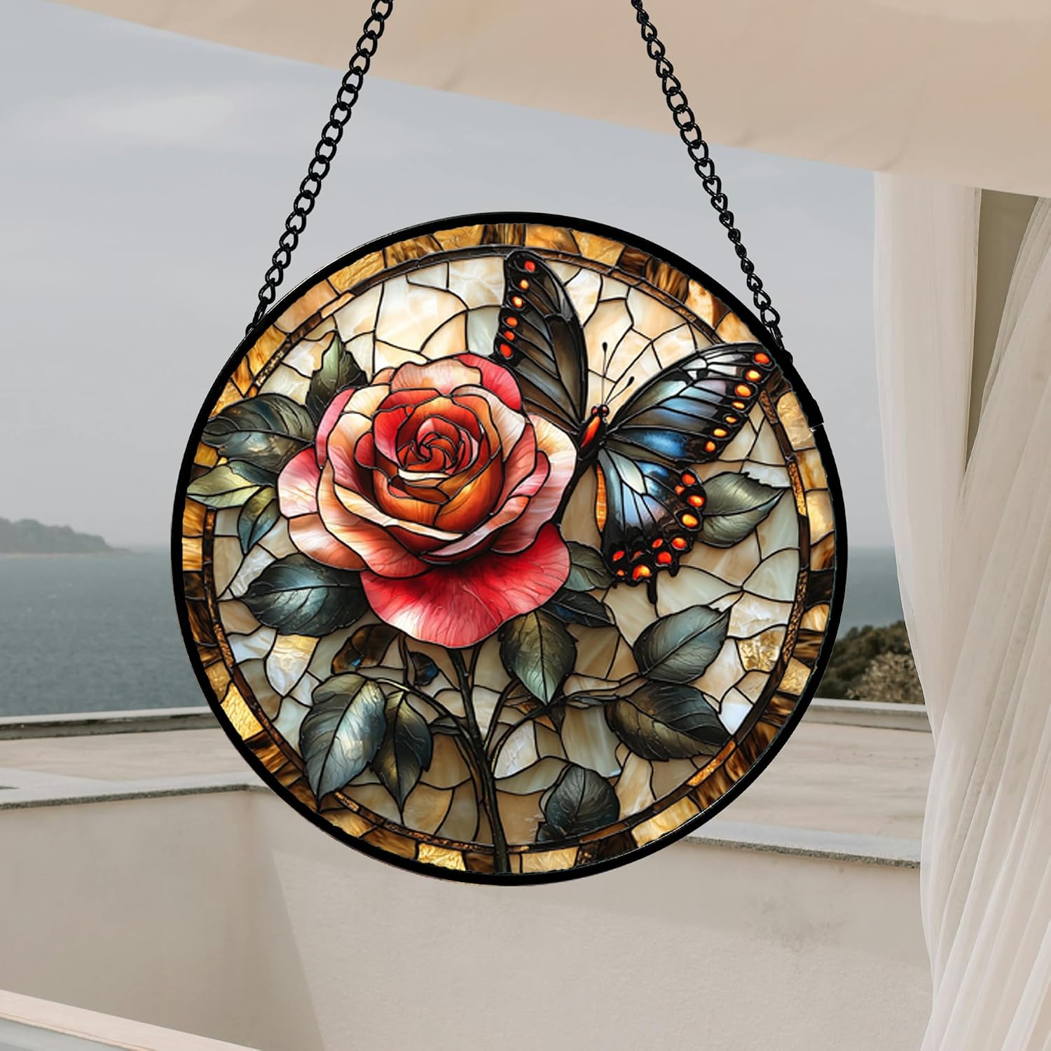 Detalle de HWRHTR Stained Glass Window Hanging, Red Rose & Black Butterfly Suncatcher, 6.3 x 6.3 in