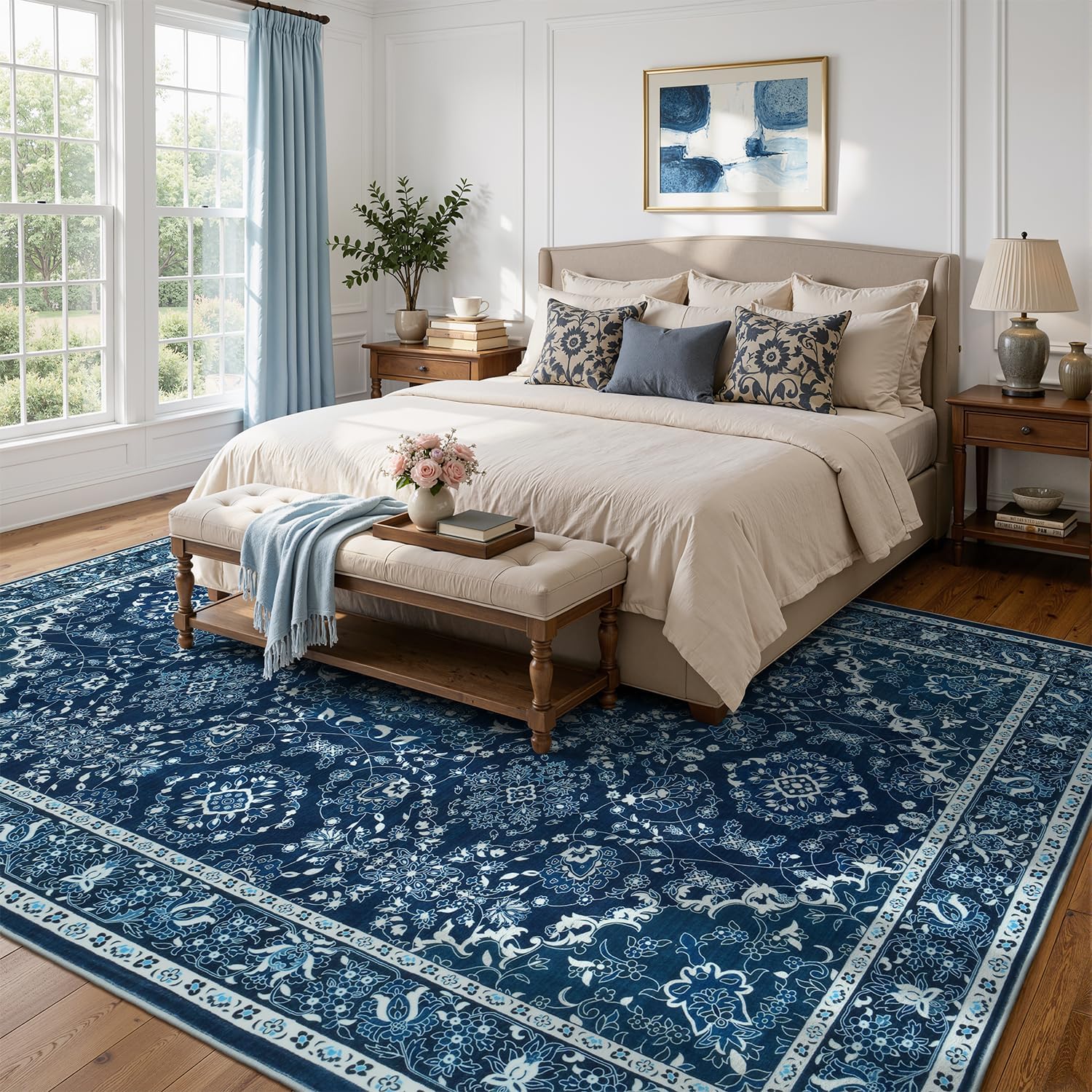 Detalle de Lessymo 9' x 12' Blue Floral Area Rug, Washable Low-Pile Faux Wool