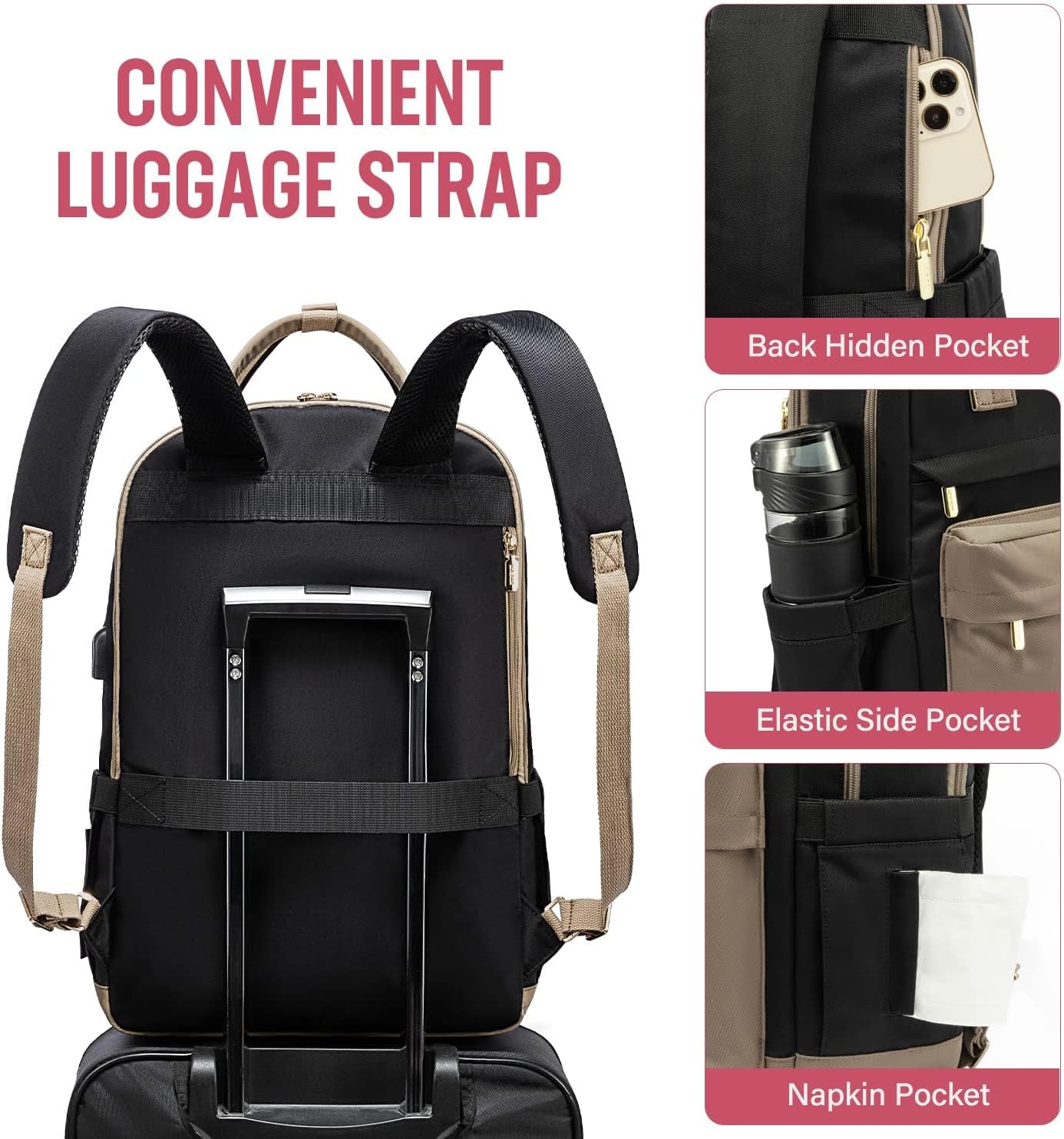 Detalle de LOVEVOOK Laptop Backpack Womens 17 Inch – Waterproof Travel Rucksack with USB Port, Khaki/Black