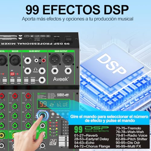 Thumbnail 5 de Aveek Mezclador de Audio de 4 Canales con USB/Bluetooth y Alimentación Fantasma 48V
