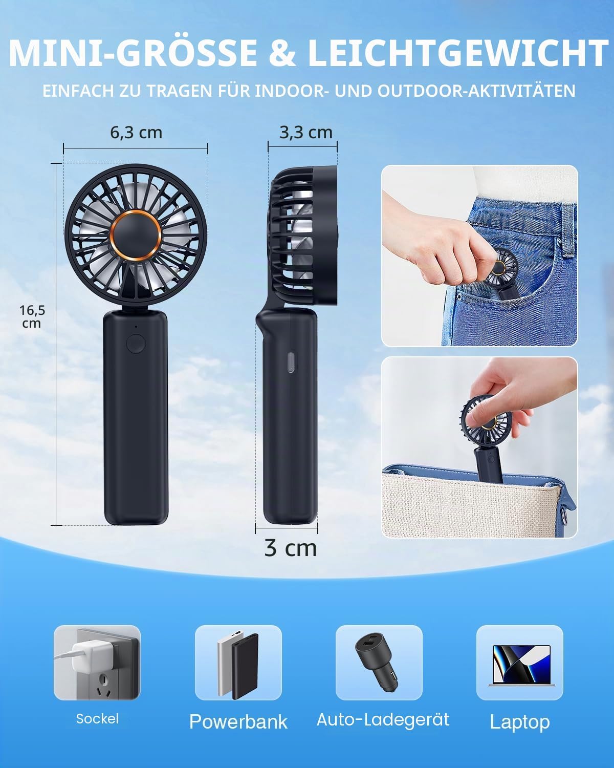 Thumbnail 5 de Hssio Tragbarer Handventilator – 2-in-1 Mini-Schreibtischventilator mit 180° Rotation, 3 Geschwindigkeiten und 8 Stunden Laufzeit