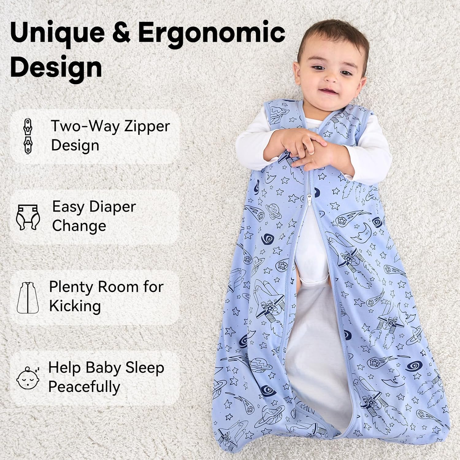 Thumbnail 3 de Unnivoll Baby Sleeping Bag 1.0 Tog 12–18 Months, 100% Cotton Sleep Sack – Blue Moon