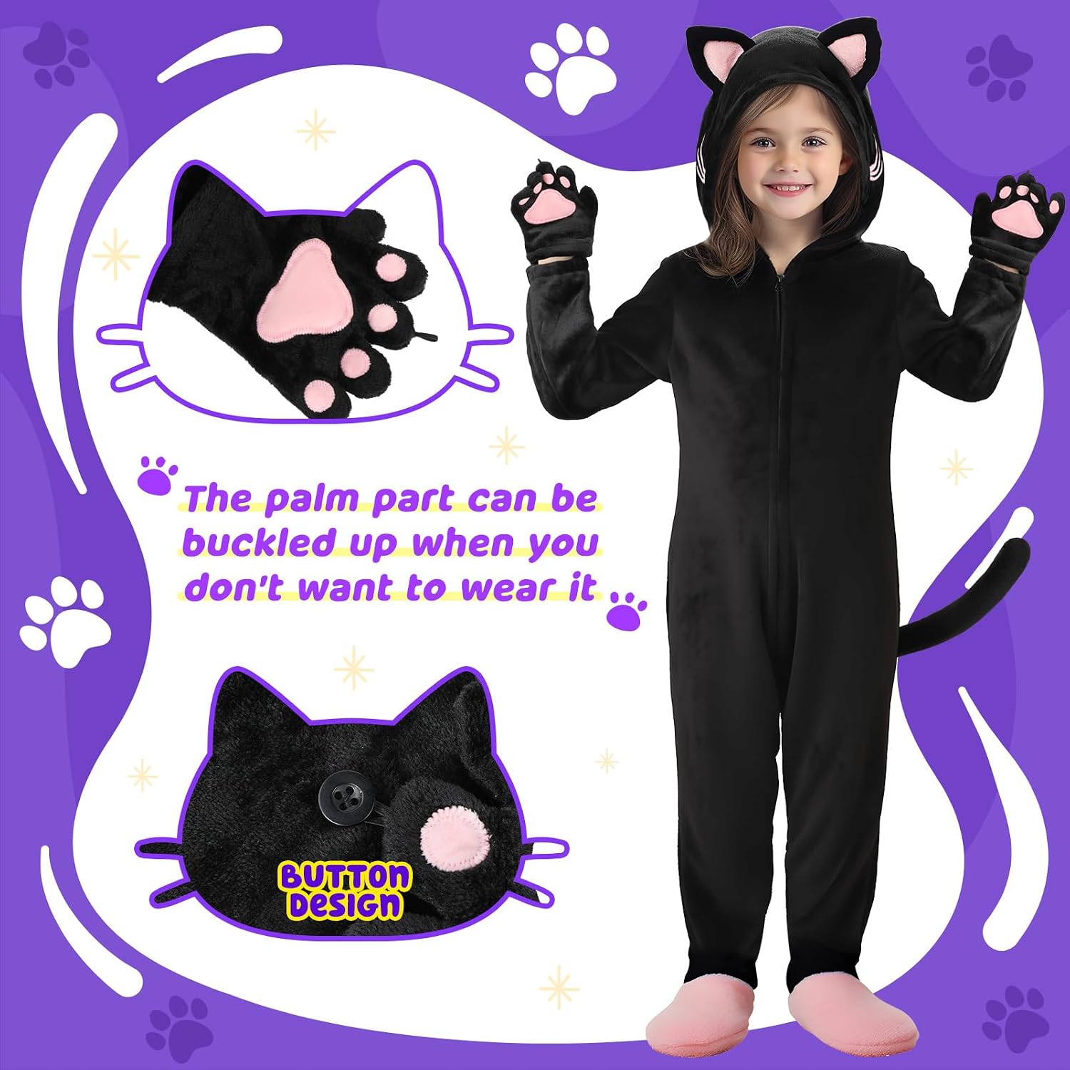 Detalle de GiftInTheBox Black Cat Costume for Kids, Polyester Hooded Onesie with Tail and Gloves