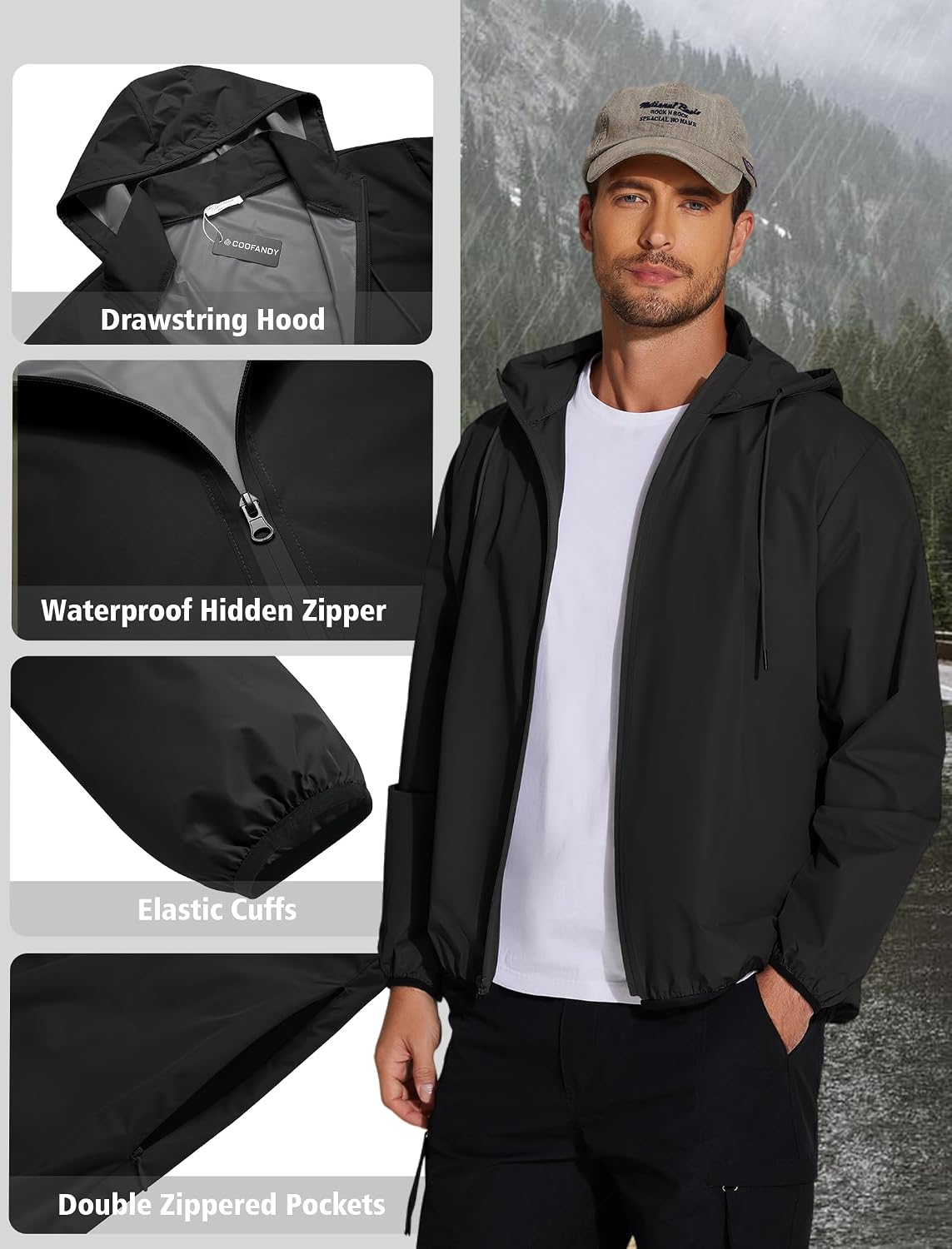 Detalle 2 de COOFANDY Men's Light Rain Jacket with Hood: Packable Waterproof Windbreaker for Travel & Outdoors