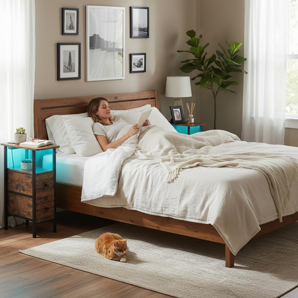 Detalle de LOAKEKEL Slim Bedside Table Set of 2 with Charging Station and LED Lights (Brown)