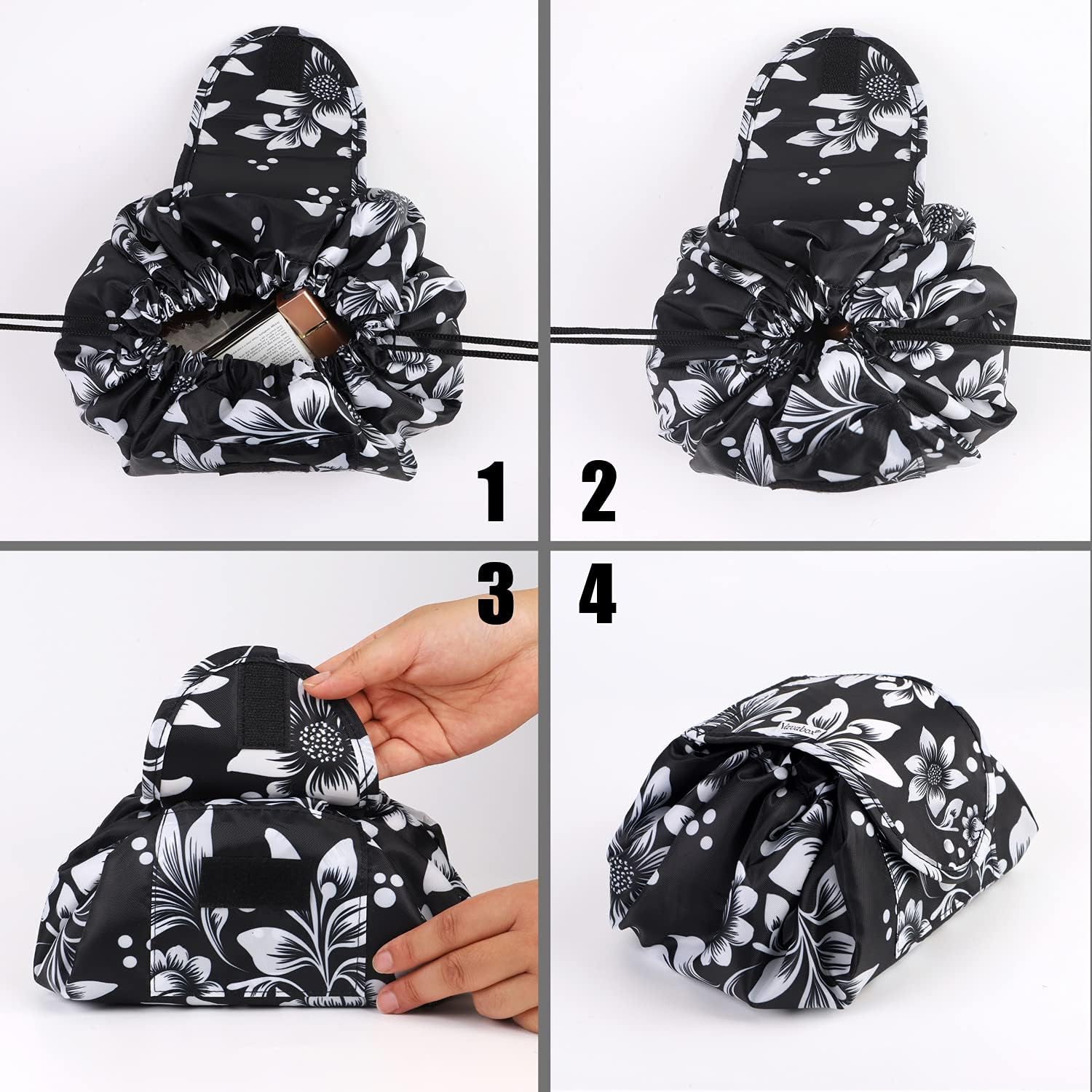 Detalle de Lazy Drawstring Makeup Bags (Large Capacity) — Oxford Canvas Waterproof Travel Cosmetic Pouch, Black Floral