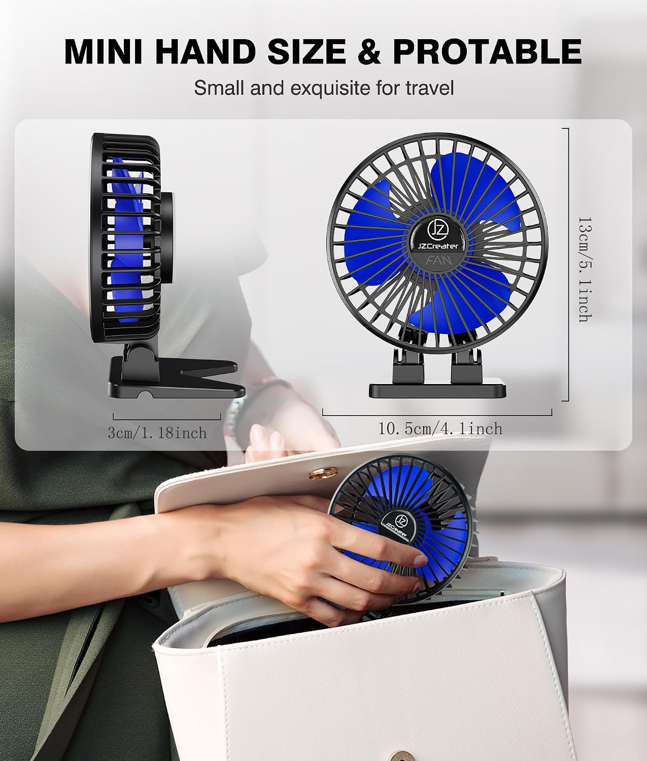 Detalle de JZCreater JZC-B01 USB Desk Fan, 3 Speeds, Compact Black Blue