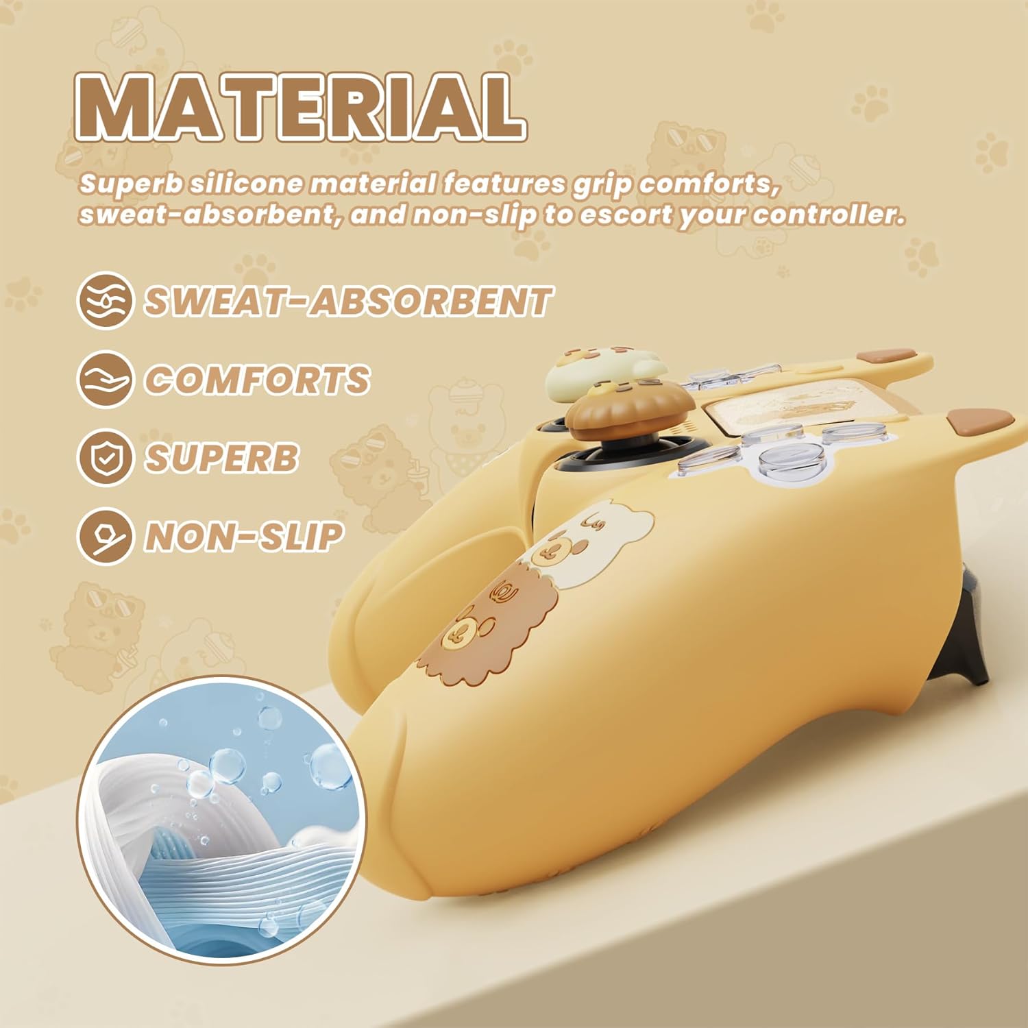 Detalle de PlayVital Cute Bear Controller Silicone Case for PS5 – Bear-Themed Cover with Touch Pad Sticker & Thumb Grips (Yellow & Brown)