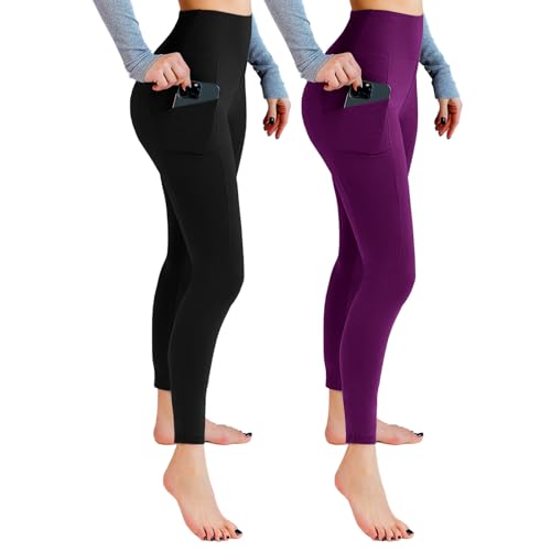 Detalle de Leafigure lot de 2 leggings femme taille haute, poches latérales et tissu extensible