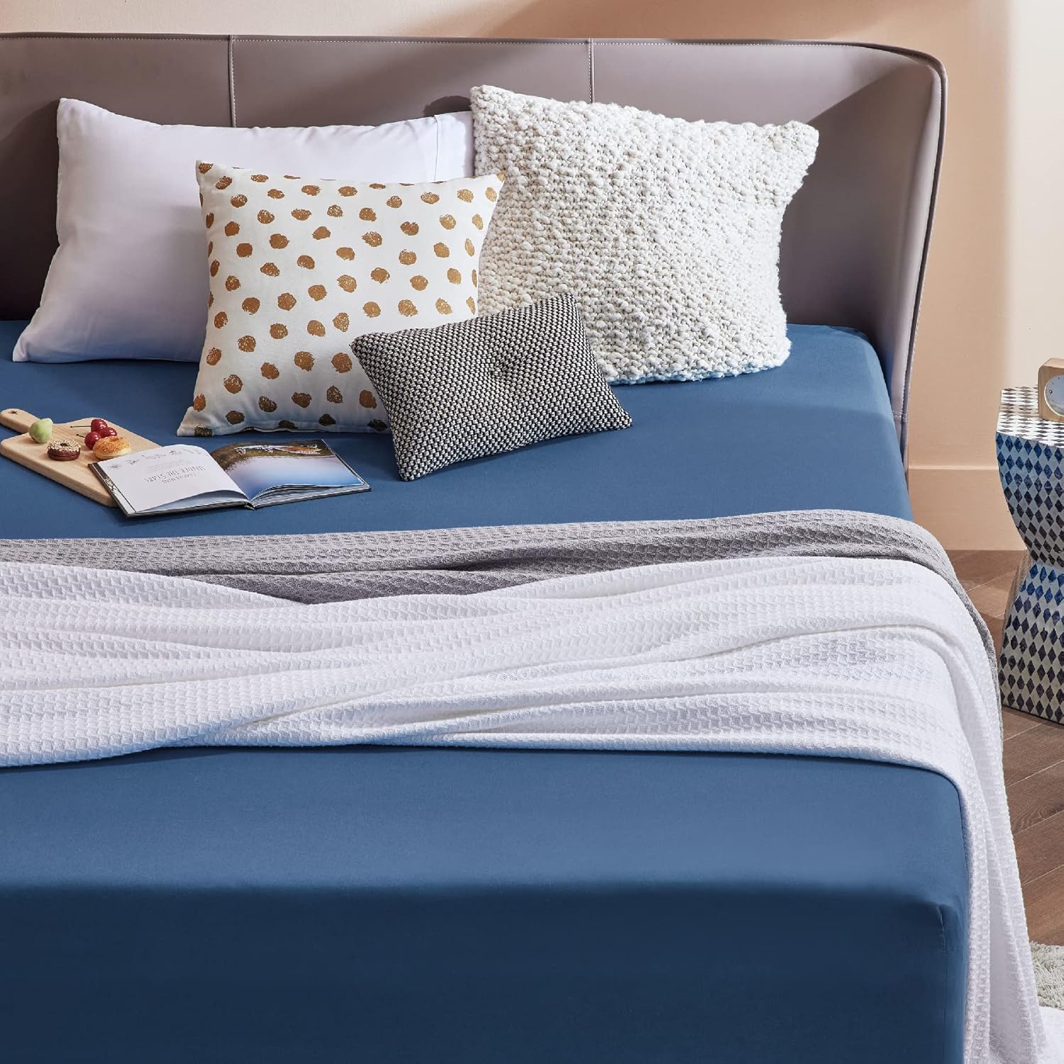 Detalle de Bedsure Double Fitted Sheet Deep – Extra Deep Pocket 40cm, Navy, 135x190cm
