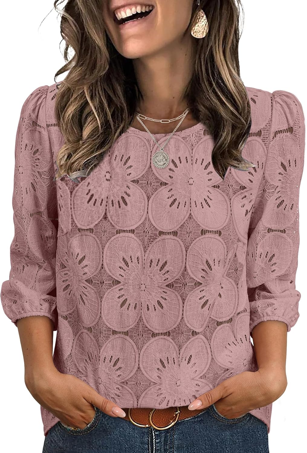 Thumbnail 6 de Sampeel Women’s Lace Eyelet 3/4 Sleeve Blouse (Dressy-Casual Puff Sleeve Top)