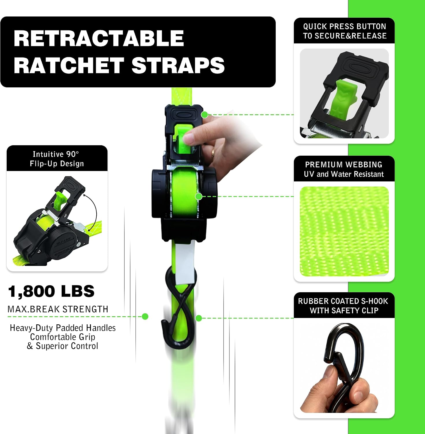 Detalle de Retractable Ratchet Straps 1,800 lb Break Strength