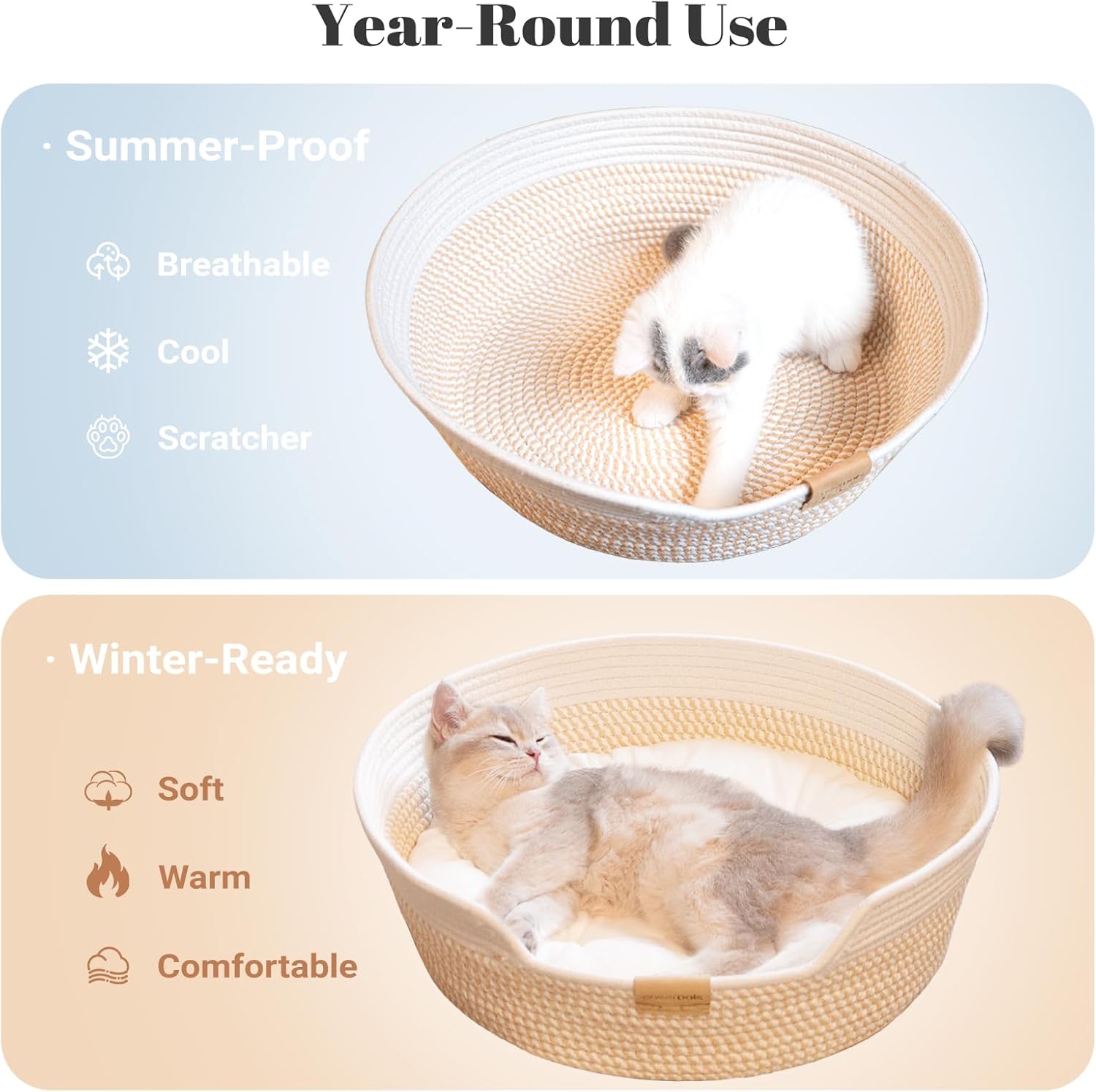 Detalle de CheerPals Cat Bed with Cushion, 47 cm: All‑Season Cotton Rope Basket for Cats