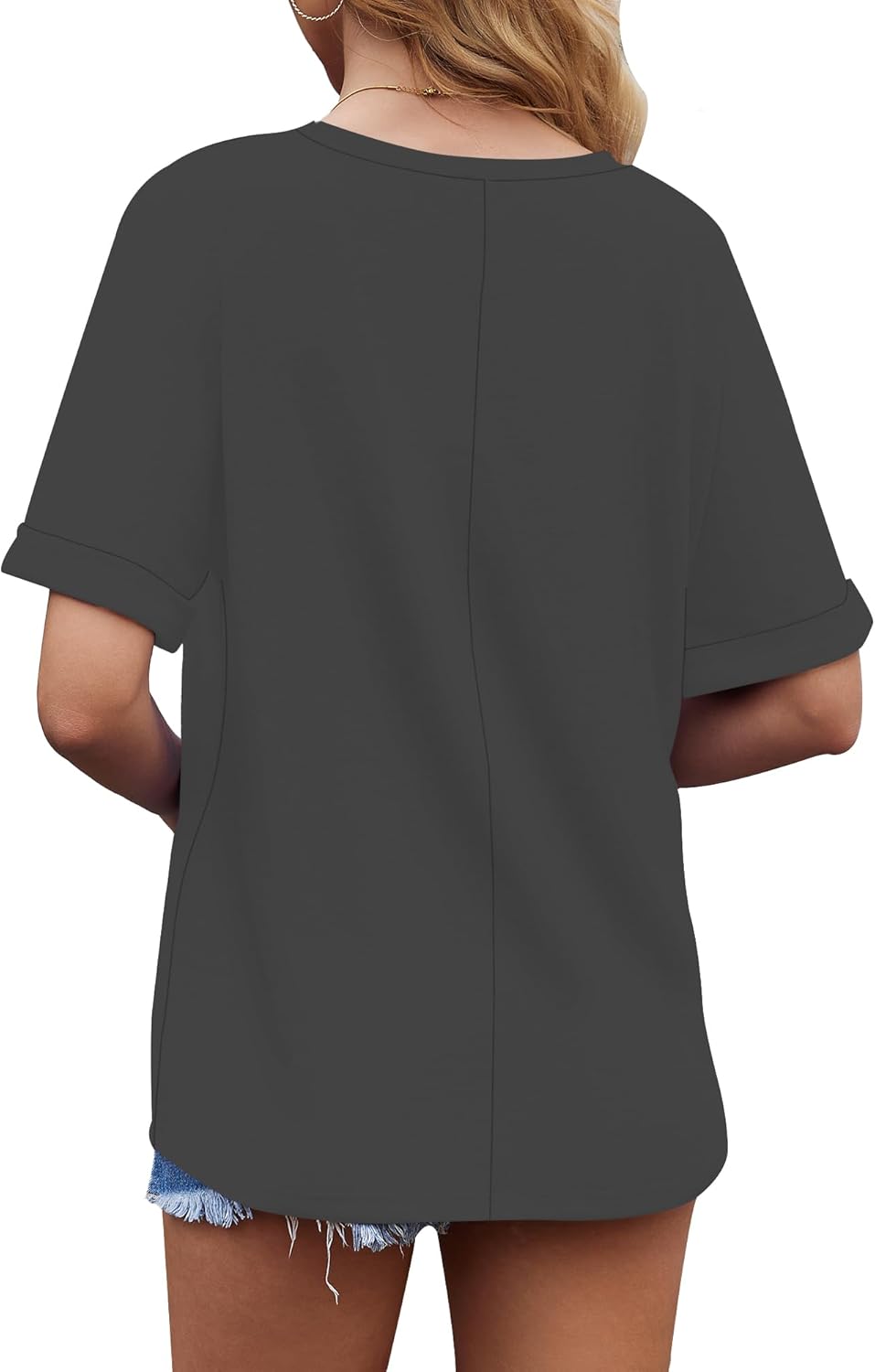 Thumbnail 3 de WNEEDU Tee Shirt Oversize Femme Col V – Haut été décontracté, manches courtes, grande taille