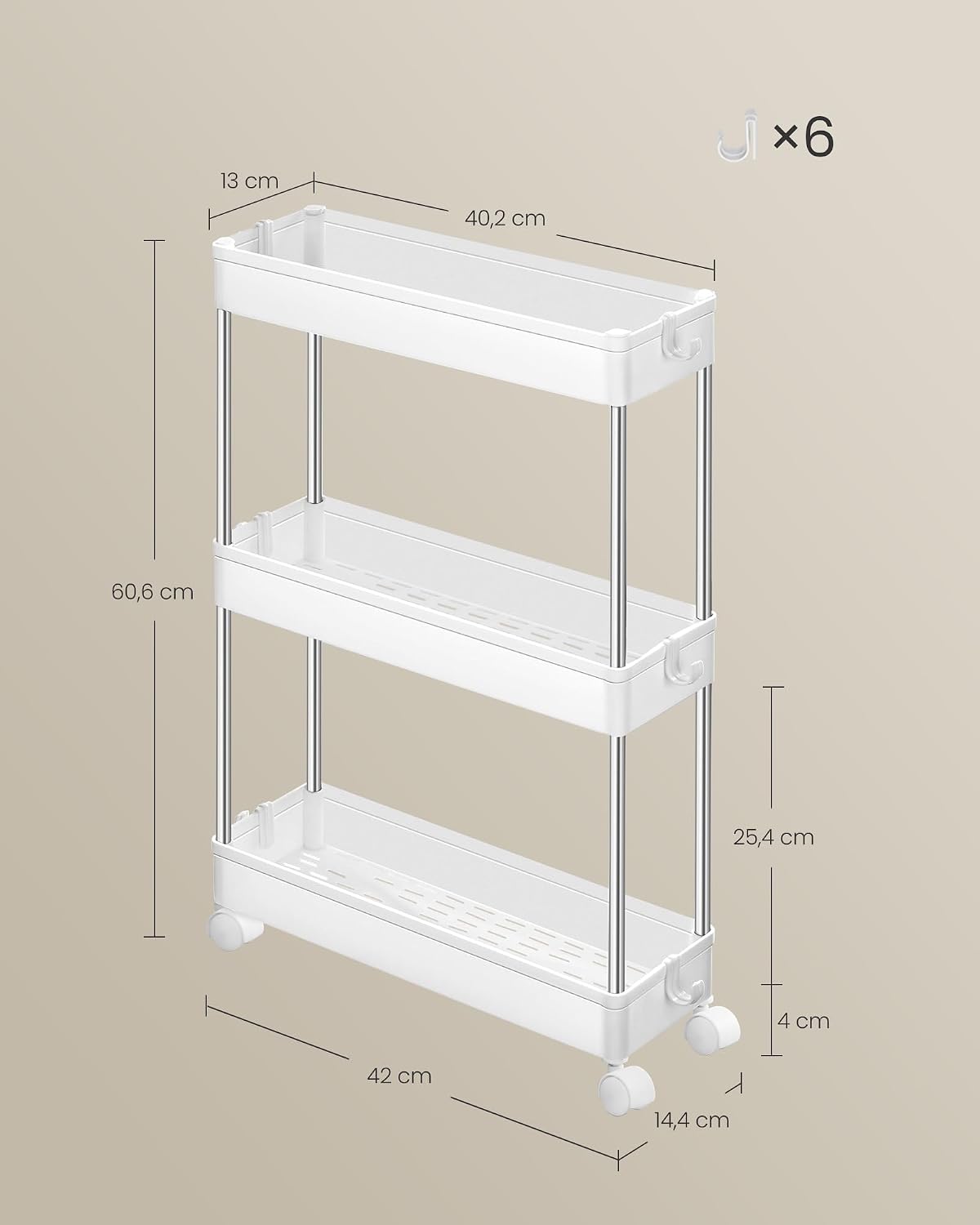 Detalle 2 de SONGMICS Carrello Portaoggetti a 3 Livelli KSC007W01: efficiente, snello e versatile per casa, cucina e ufficio