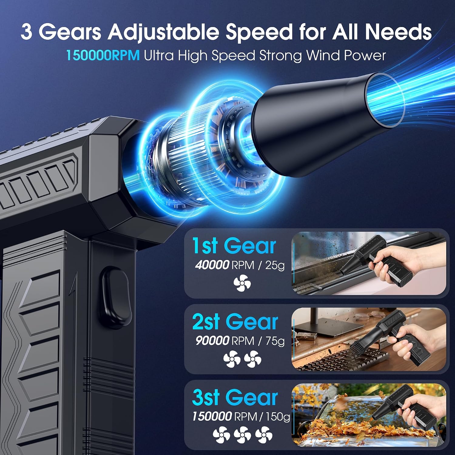 Detalle 2 de Famgoods Compressed Air Duster (150,000RPM) cordless electric mini blower with LED and 3 speed settings