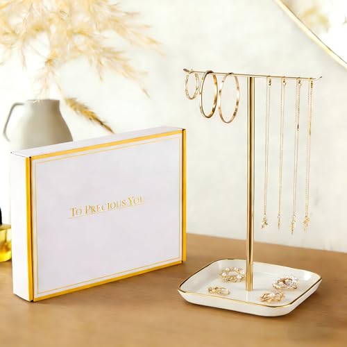 Detalle de Josmimic Jewelry Holder Stand with Ceramic Base – 32cm Tall Tree Display, Gold