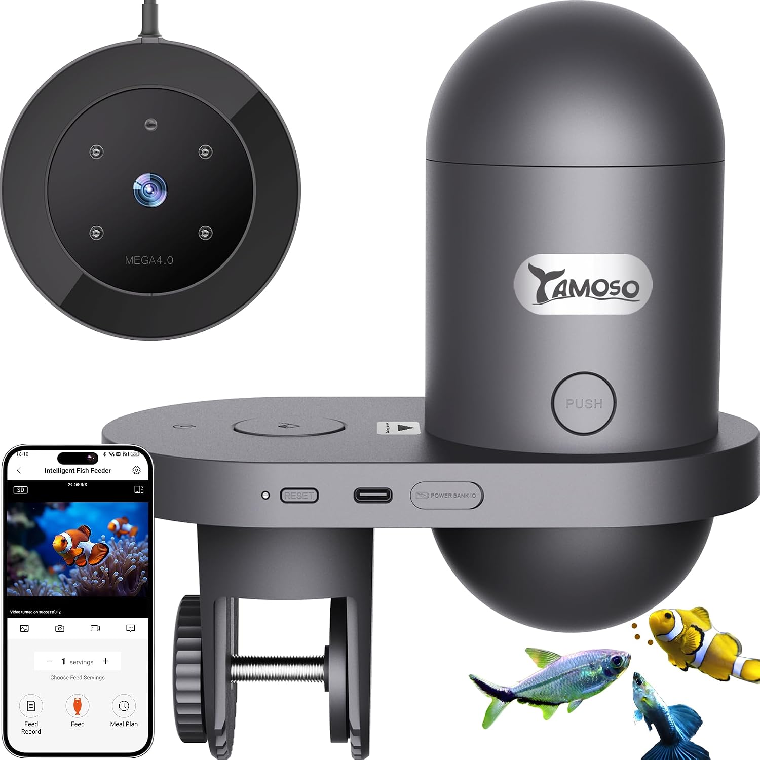 YAMOSO Mangiatoia Pesci WiFi con Telecamera 2,5K HD — Sorveglianza 24/7, dosaggio 0,2 g e serbatoio 230 ml