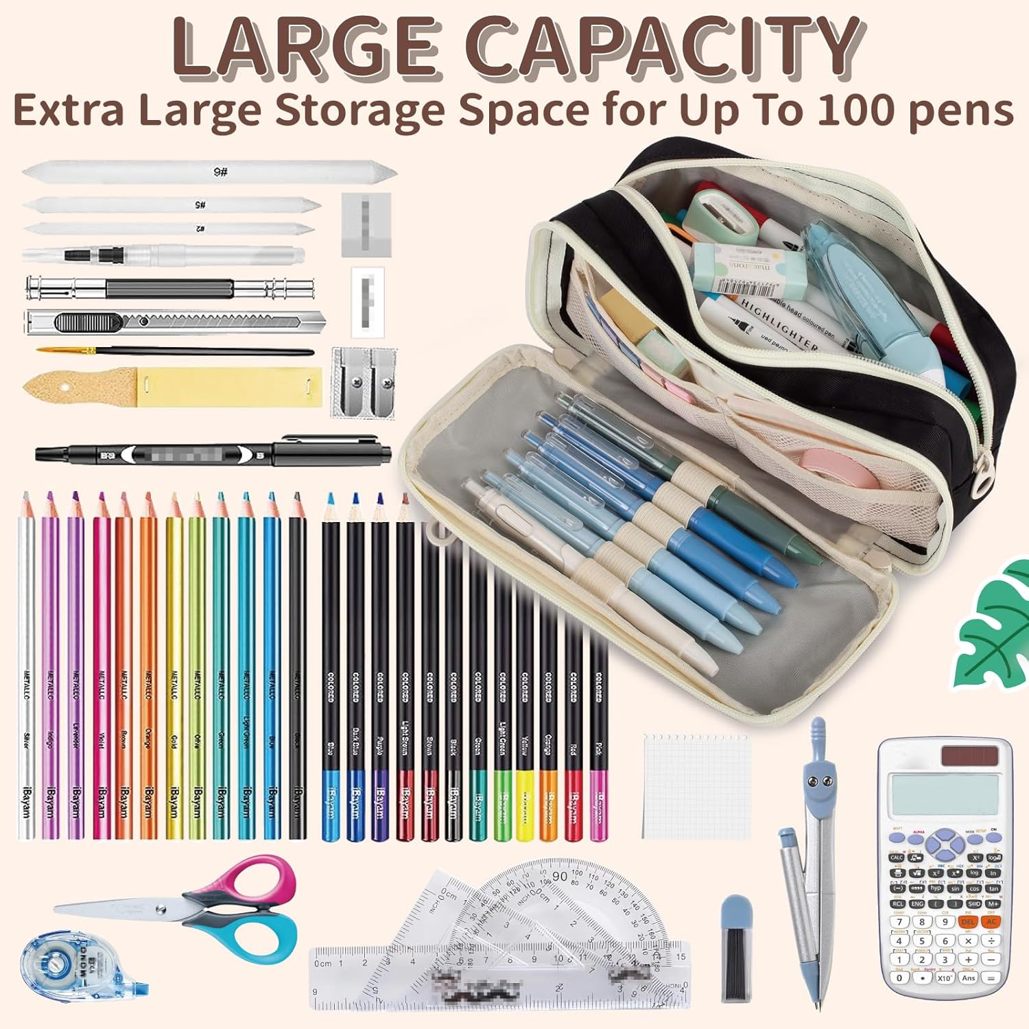 Detalle de Large Capacity Pencil Case with Compartments (zip pocket, elastic straps & card slots) for school, college and office