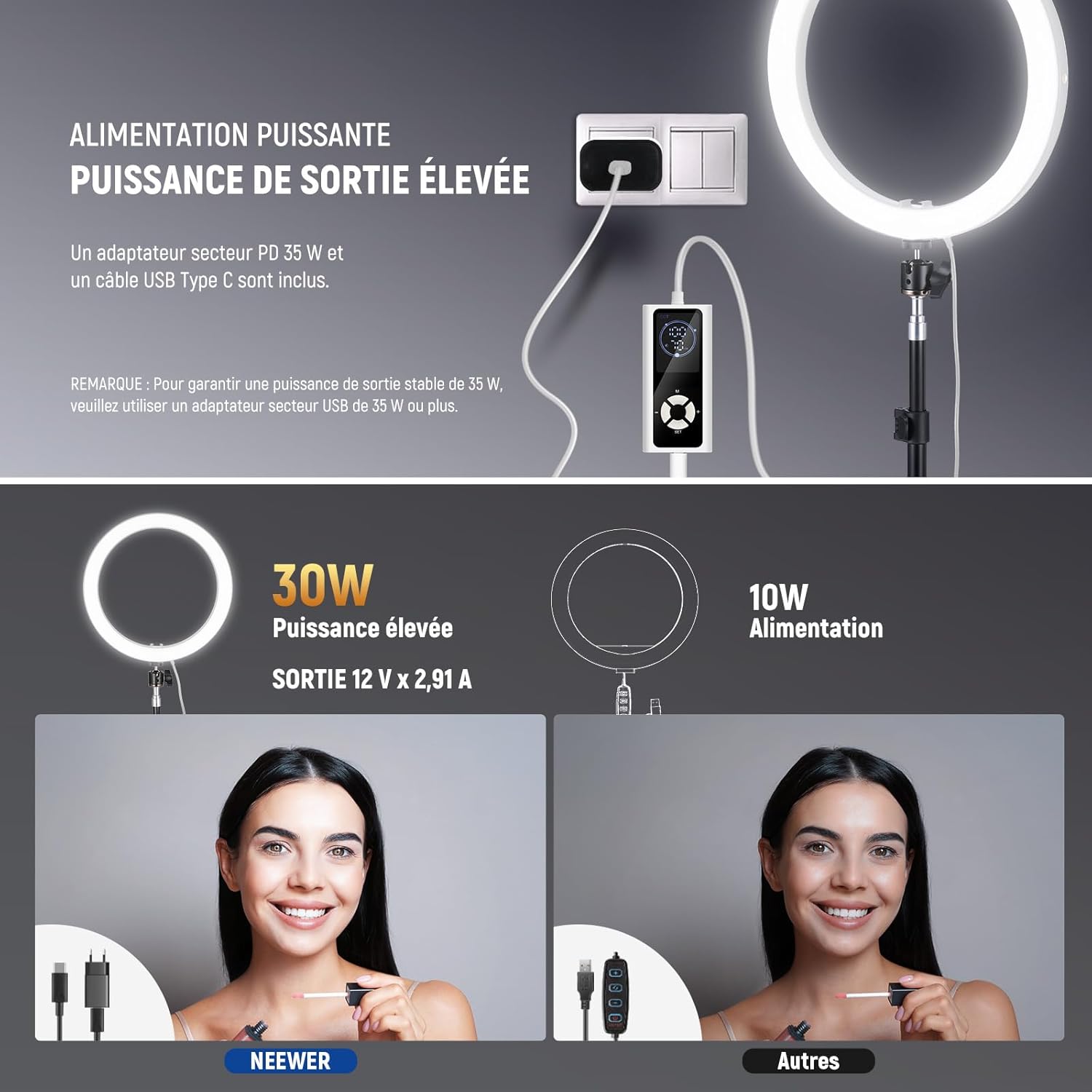 Detalle de NEEWER RH12B Pro Anneau lumineux LED 30W—180 cm de trépied et fixation mobile pour YouTube, maquillage et vlog