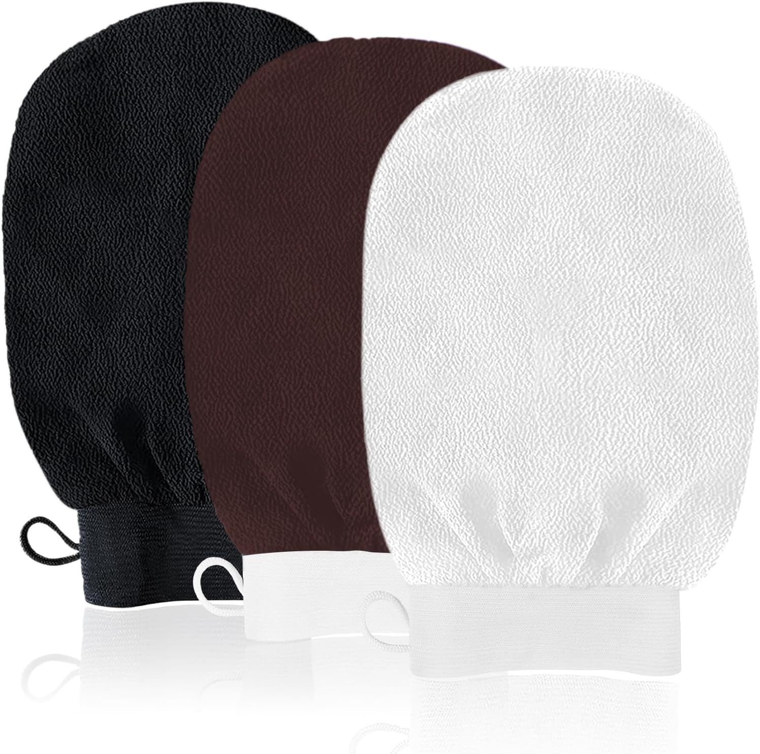URAQT Gant Exfoliant – Kit de 3 gants pour gommage sous la douche (Noir, Marron foncé, Blanc)