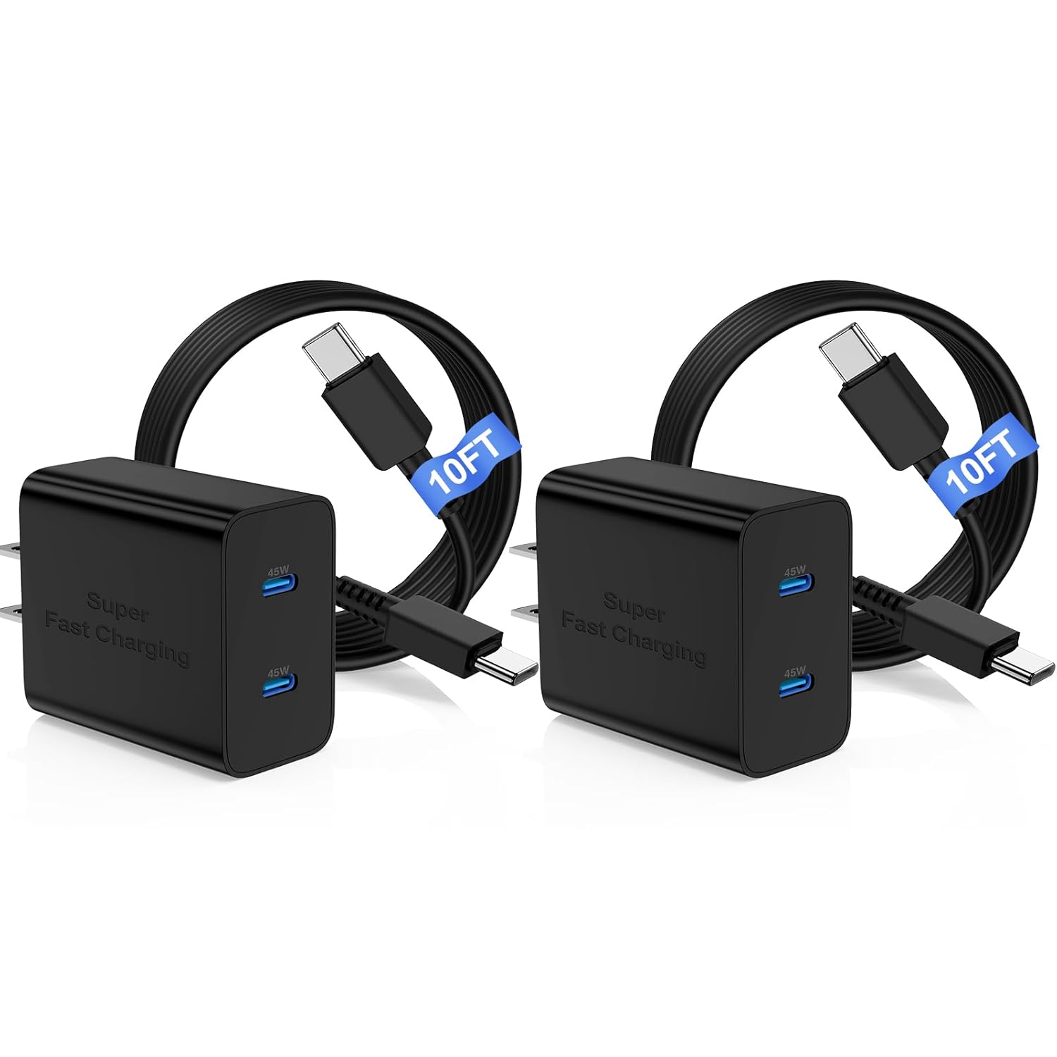 Detalle de 45W Dual Port Super Fast Charger with Long USB C to C Cable (10ft) — Type C Wall Charger Block for Samsung Galaxy Phones