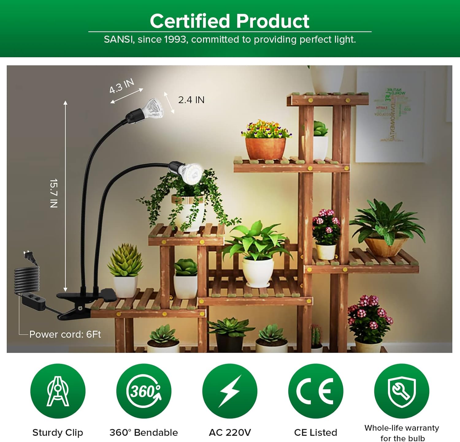 Thumbnail 6 de SANSI doppia testa Coltiva La Luce 20W spettro completo 360° con clip a collo di cigno (2 lampadine E27)