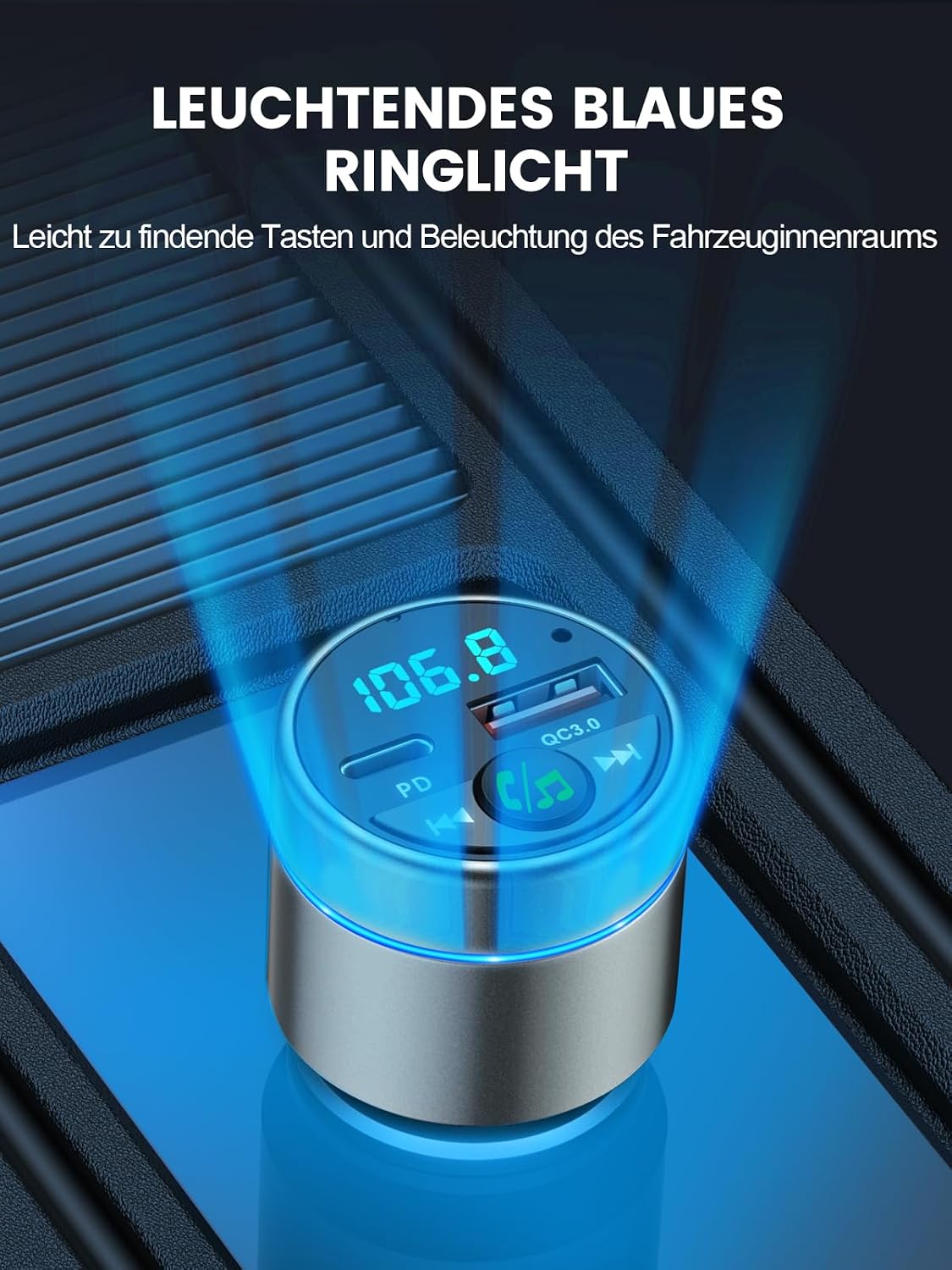 Detalle de Mohard Bluetooth Adapter Auto – Ganzmetall FM Transmitter mit PD 30W & QC3.0 18W Schnellladung, Bluetooth 5.3, Freisprechanlage, Ringlicht