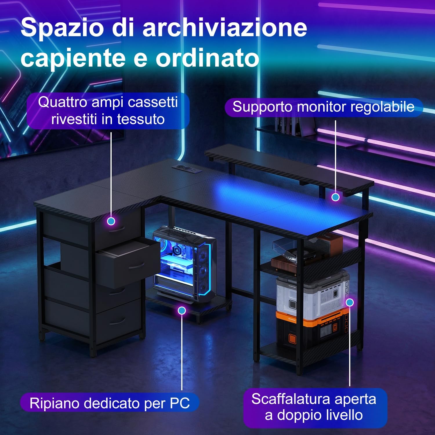 Thumbnail 5 de JUMMICO Scrivania Angolare a Forma di L 135 cm con Luci LED – Nero